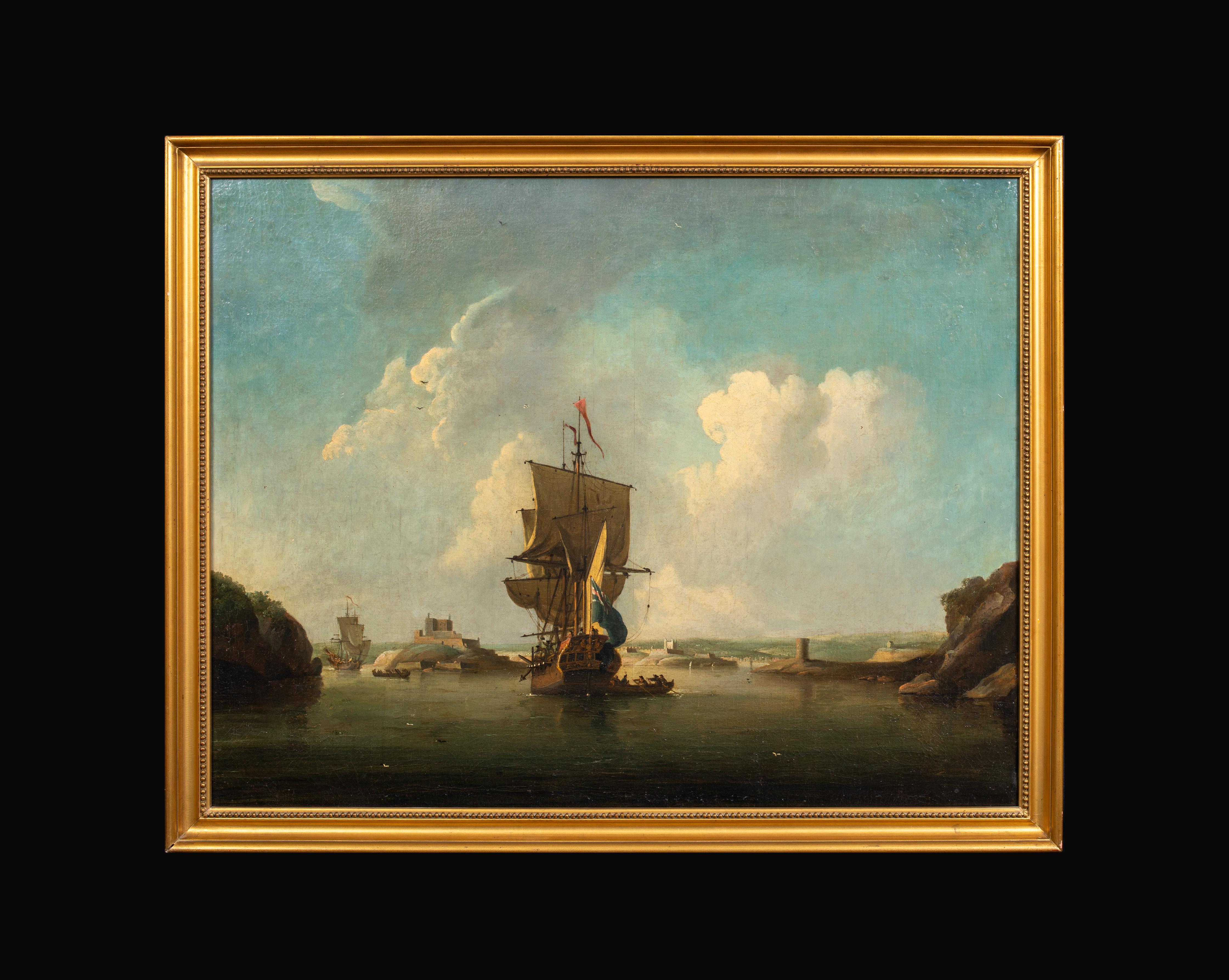 Uomo da guerra della marina reale britannica che entra in un estuario, 18° secolo - Painting di Peter Monamy