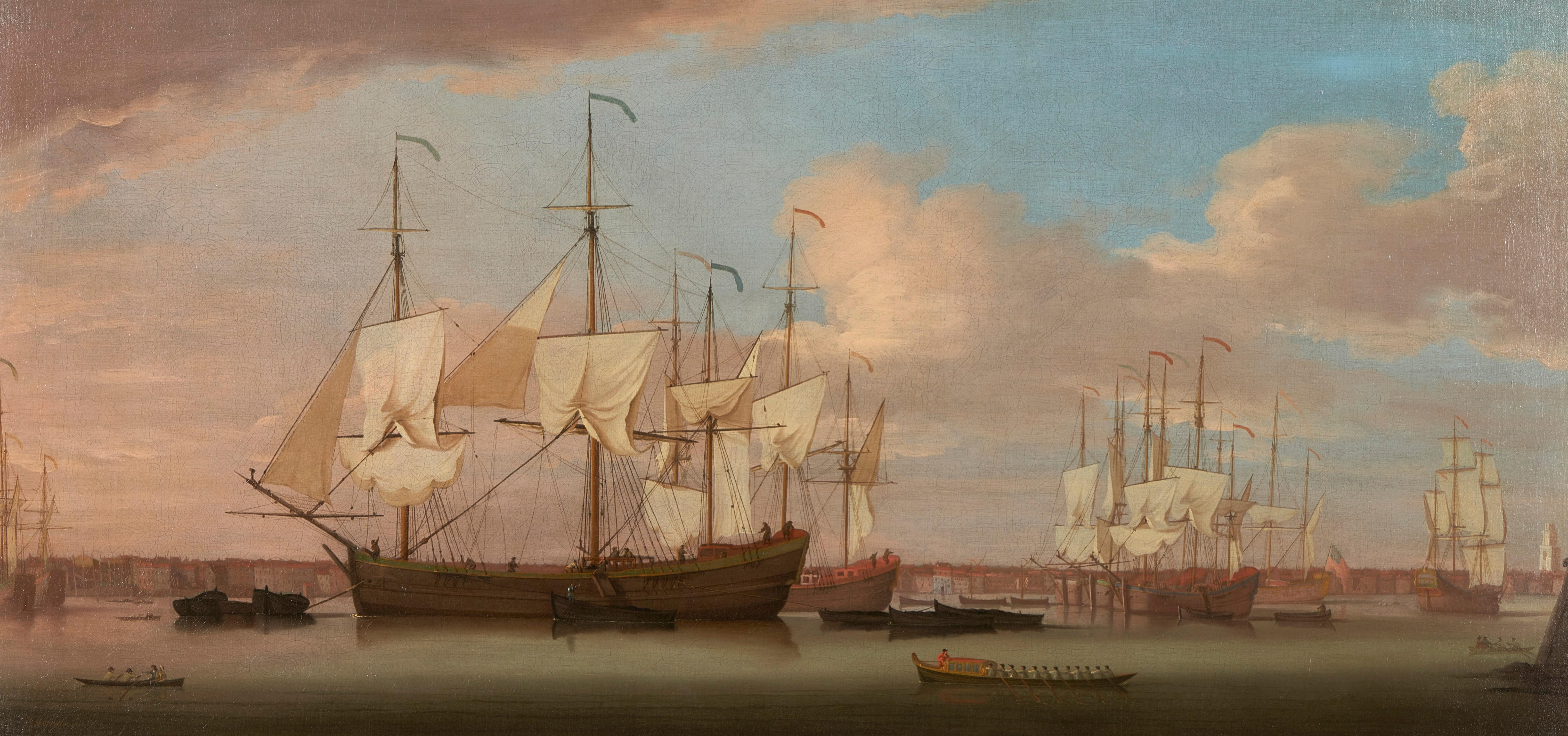 Colliers atracados en el Támesis en Deptford y descargando sus cargas para Londres - Painting de Peter Monamy