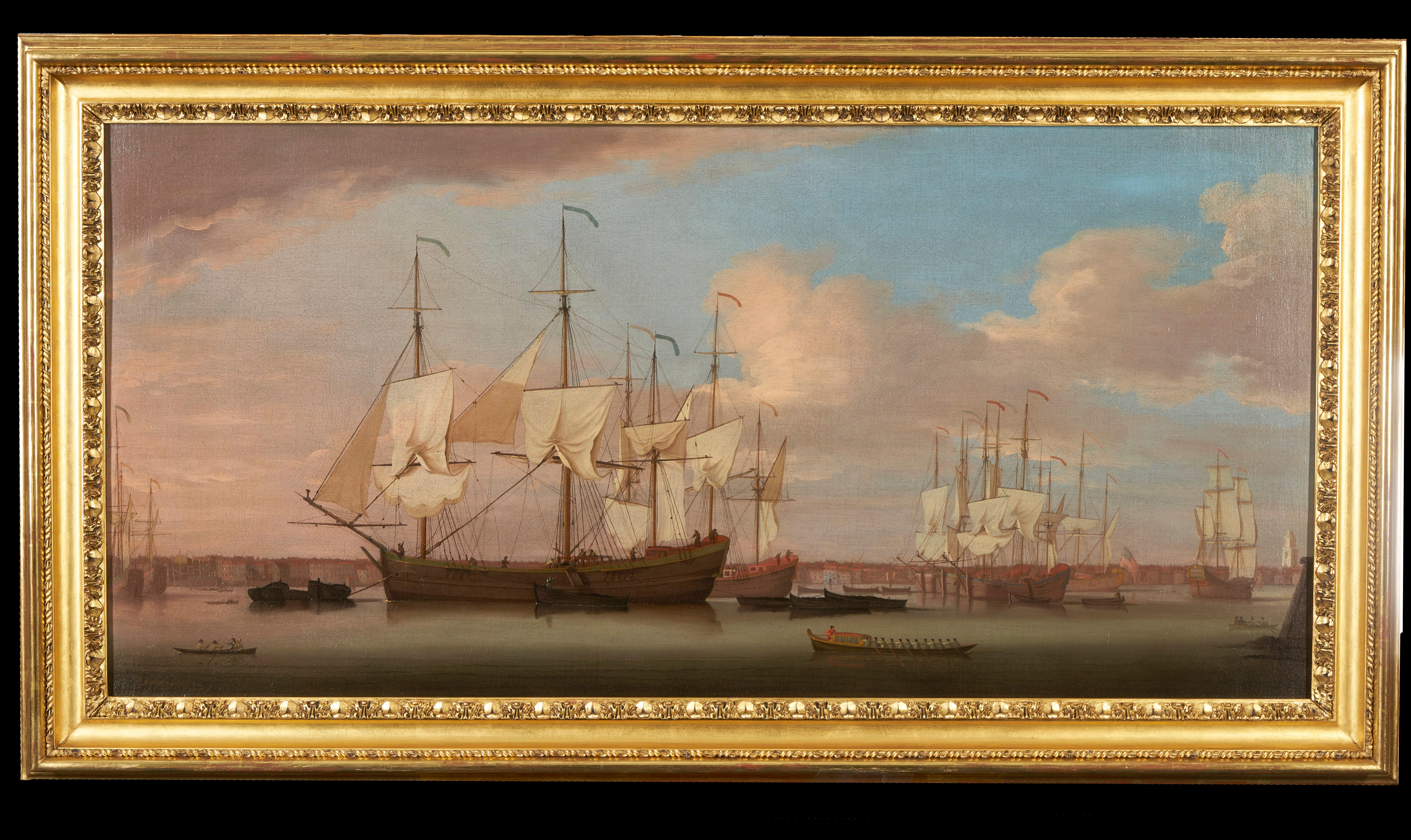 Landscape Painting de Peter Monamy - Colliers atracados en el Támesis en Deptford y descargando sus cargas para Londres