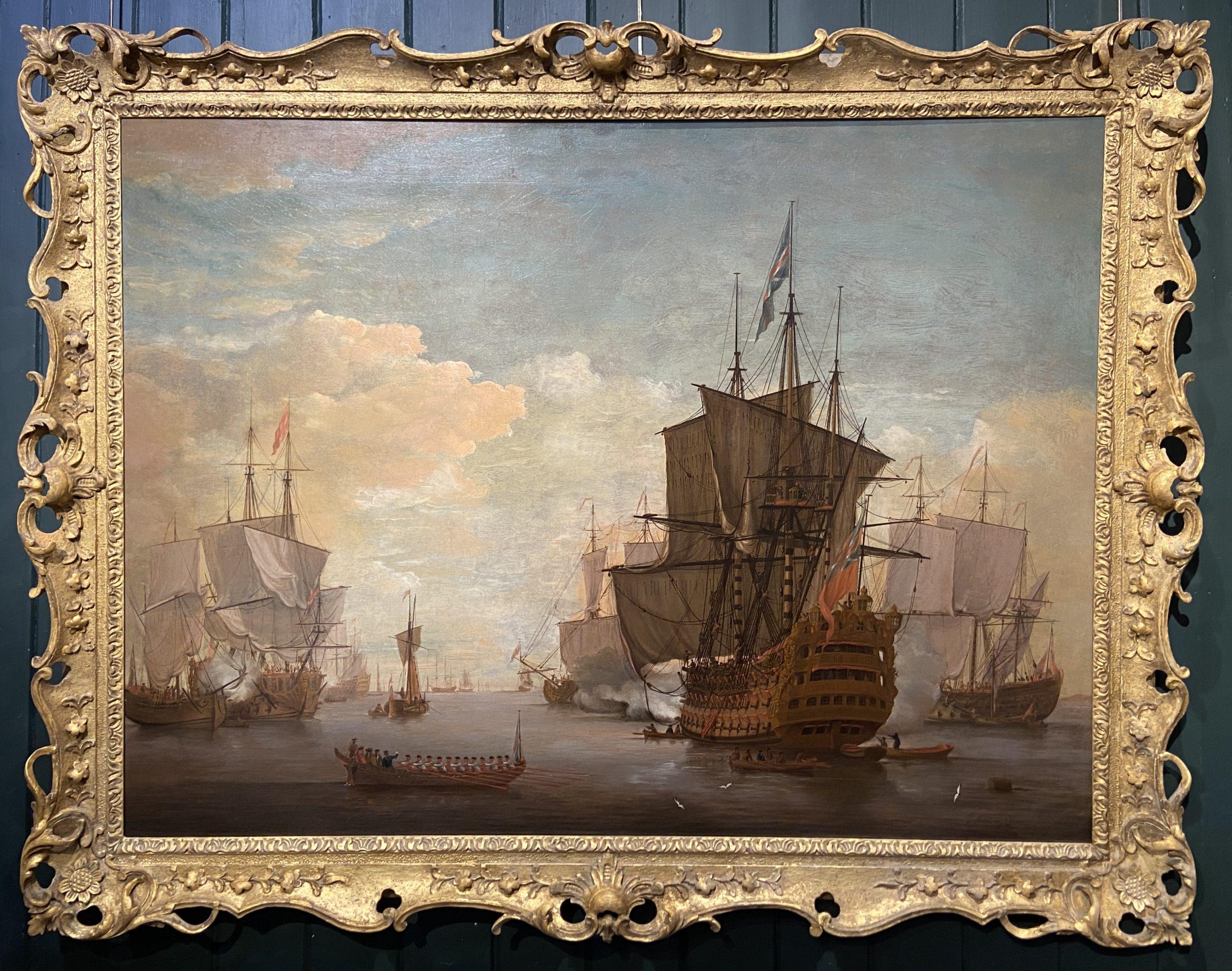 Firing a Salute in The Nore, Signed Seascape by Peter Monamy, Dated 1724 For Sale 1