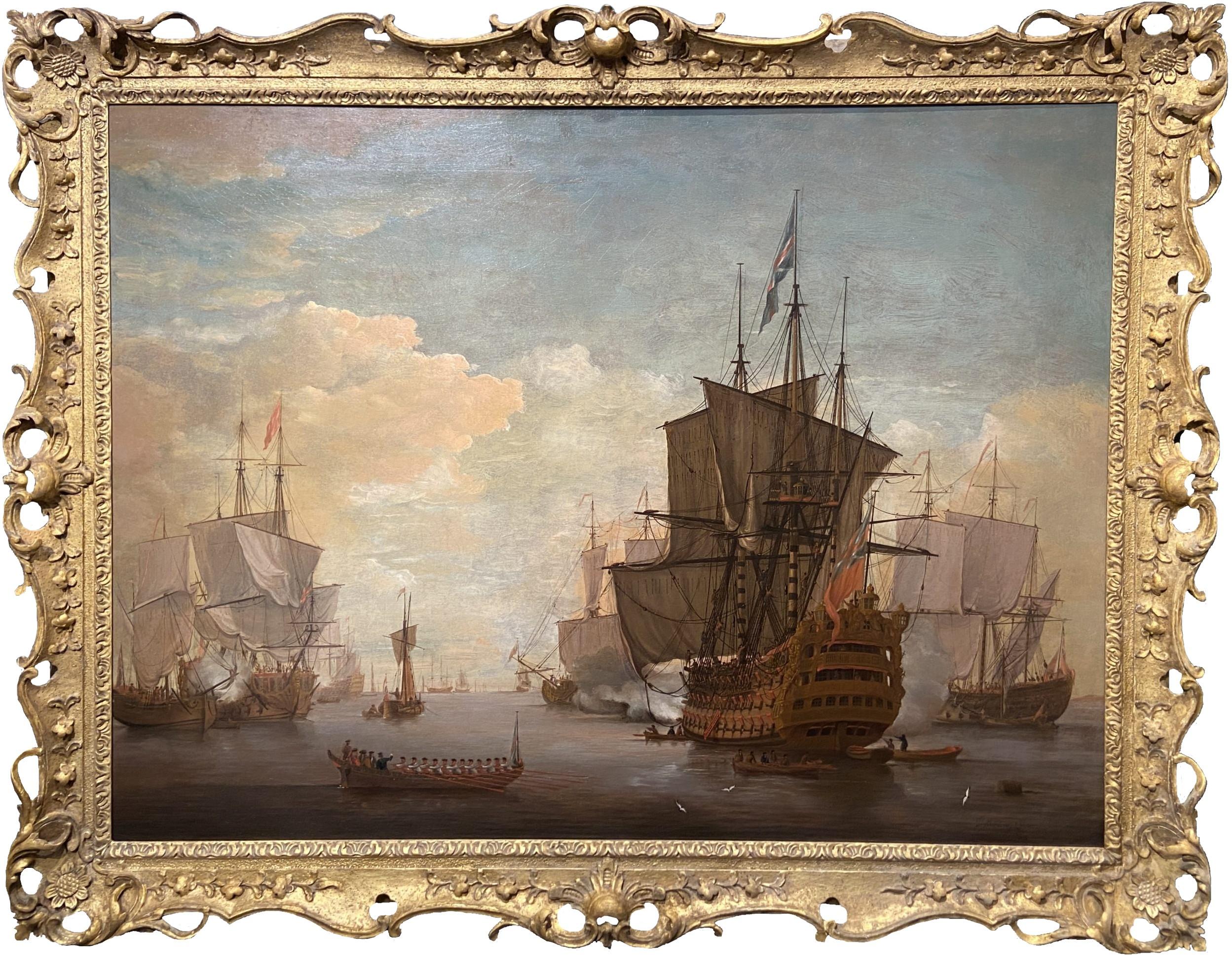 Firing a Salute in The Nore, Signed Seascape by Peter Monamy, Dated 1724 For Sale 2