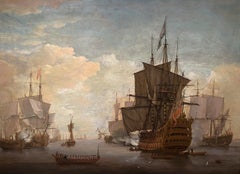 Antique Firing a Salute in The Nore, Signed Seascape by Peter Monamy, Dated 1724