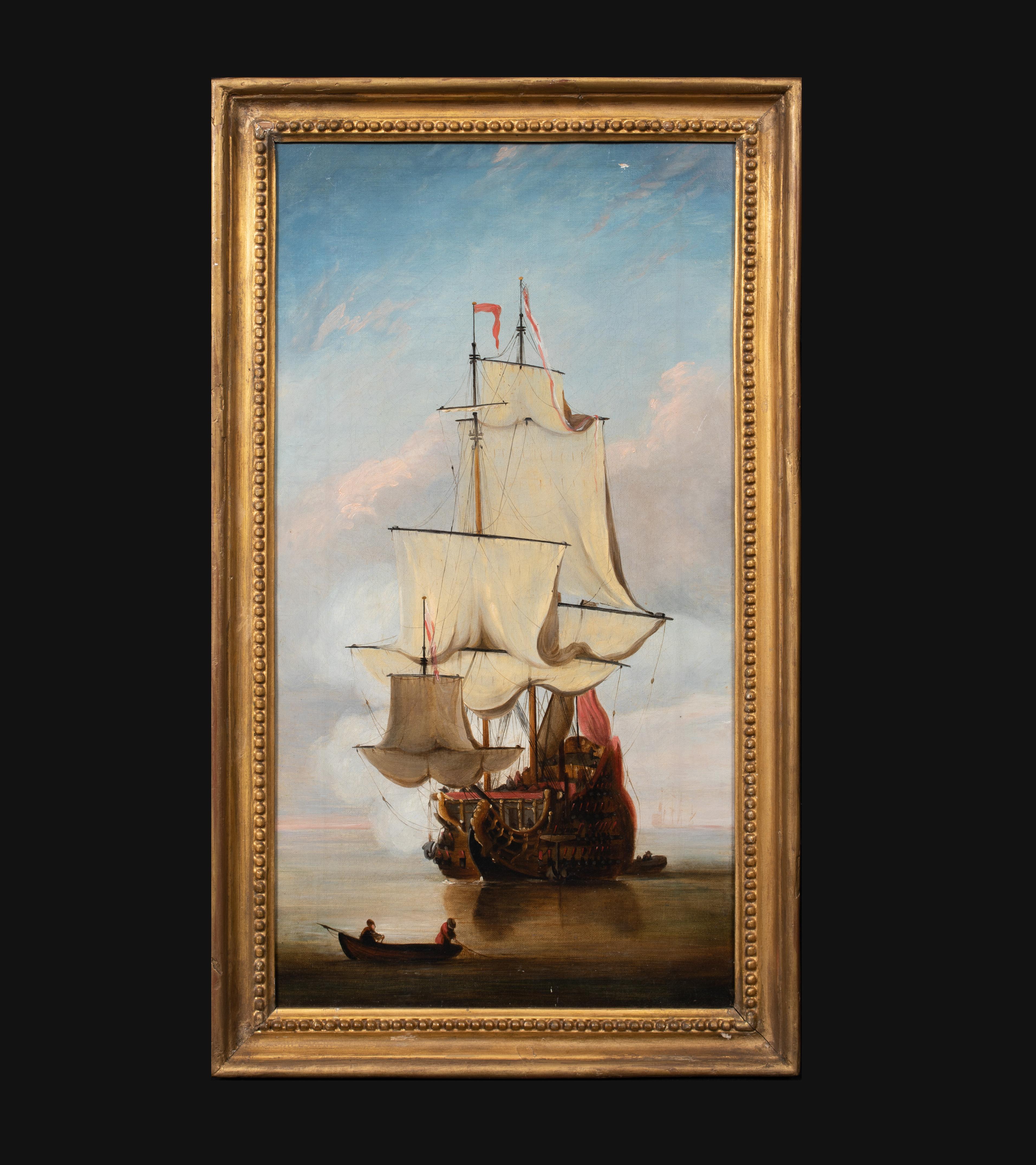 Man-O-War Ship At Anchor, 18th Century - Painting by Peter Monamy