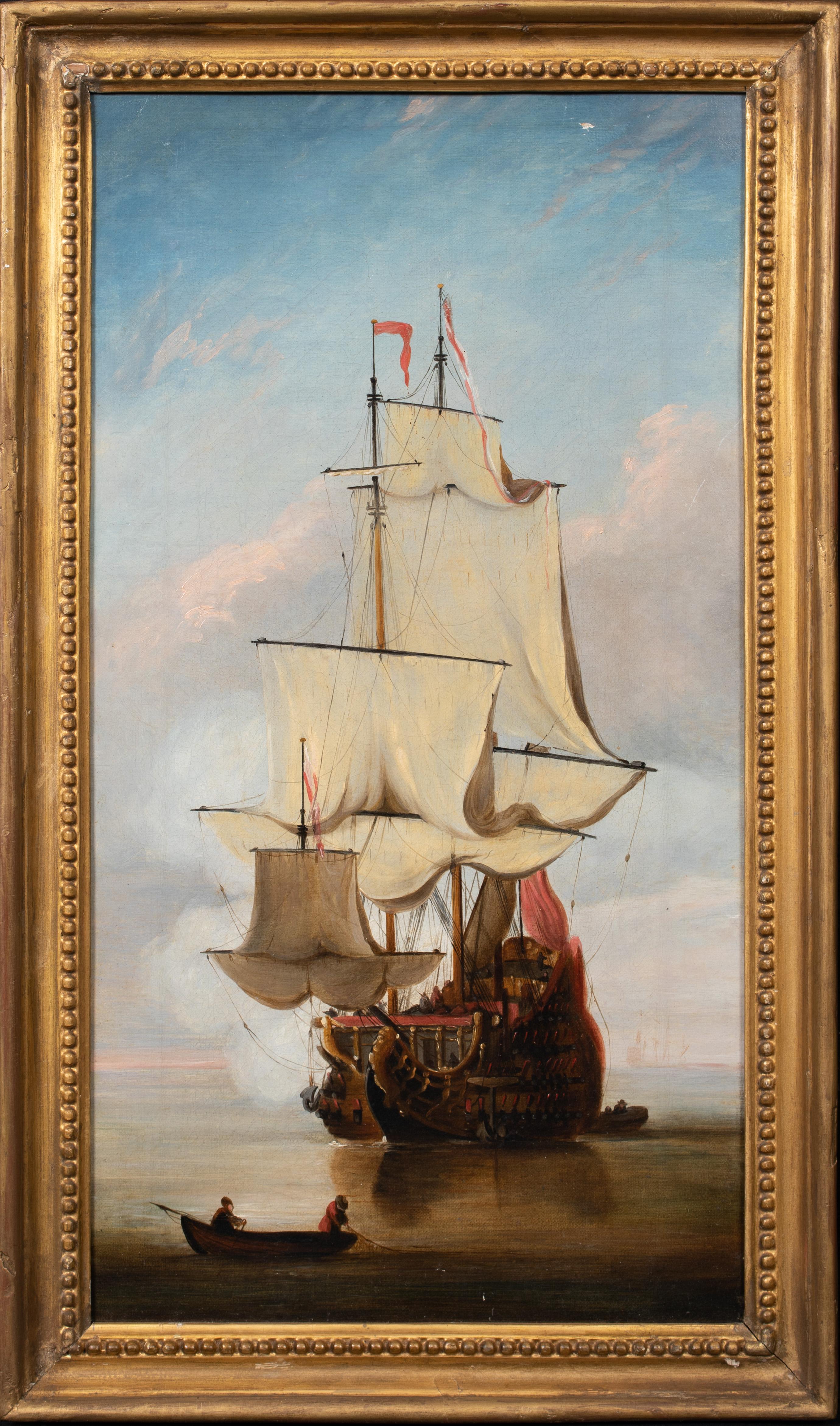 Peter Monamy Landscape Painting - Man-O-War Ship At Anchor, 18th Century
