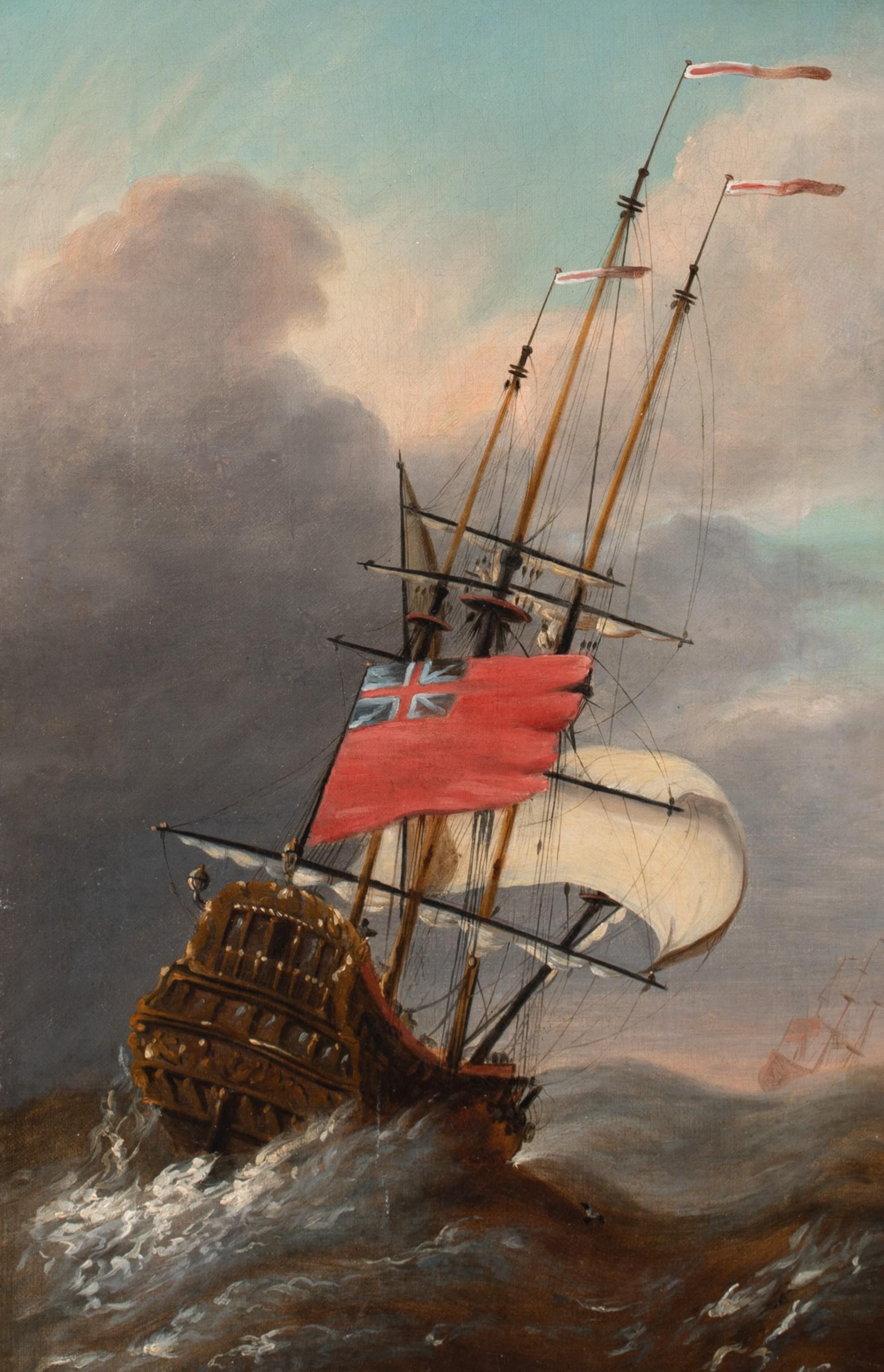 Nave da guerra in tempesta, XVIII secolo - Painting di Peter Monamy