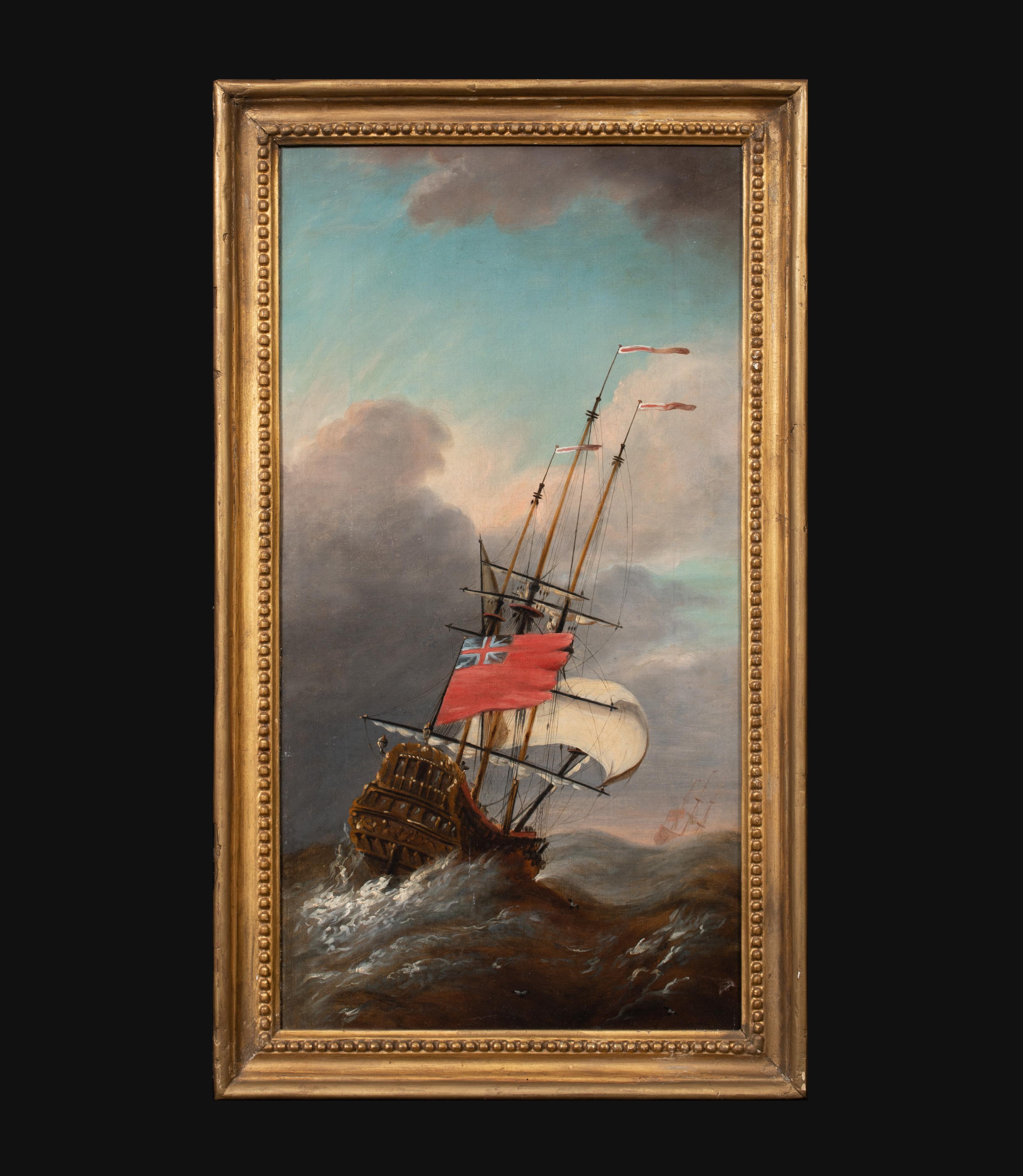 Nave da guerra in tempesta, XVIII secolo - Landscape Painting Marrone di Peter Monamy