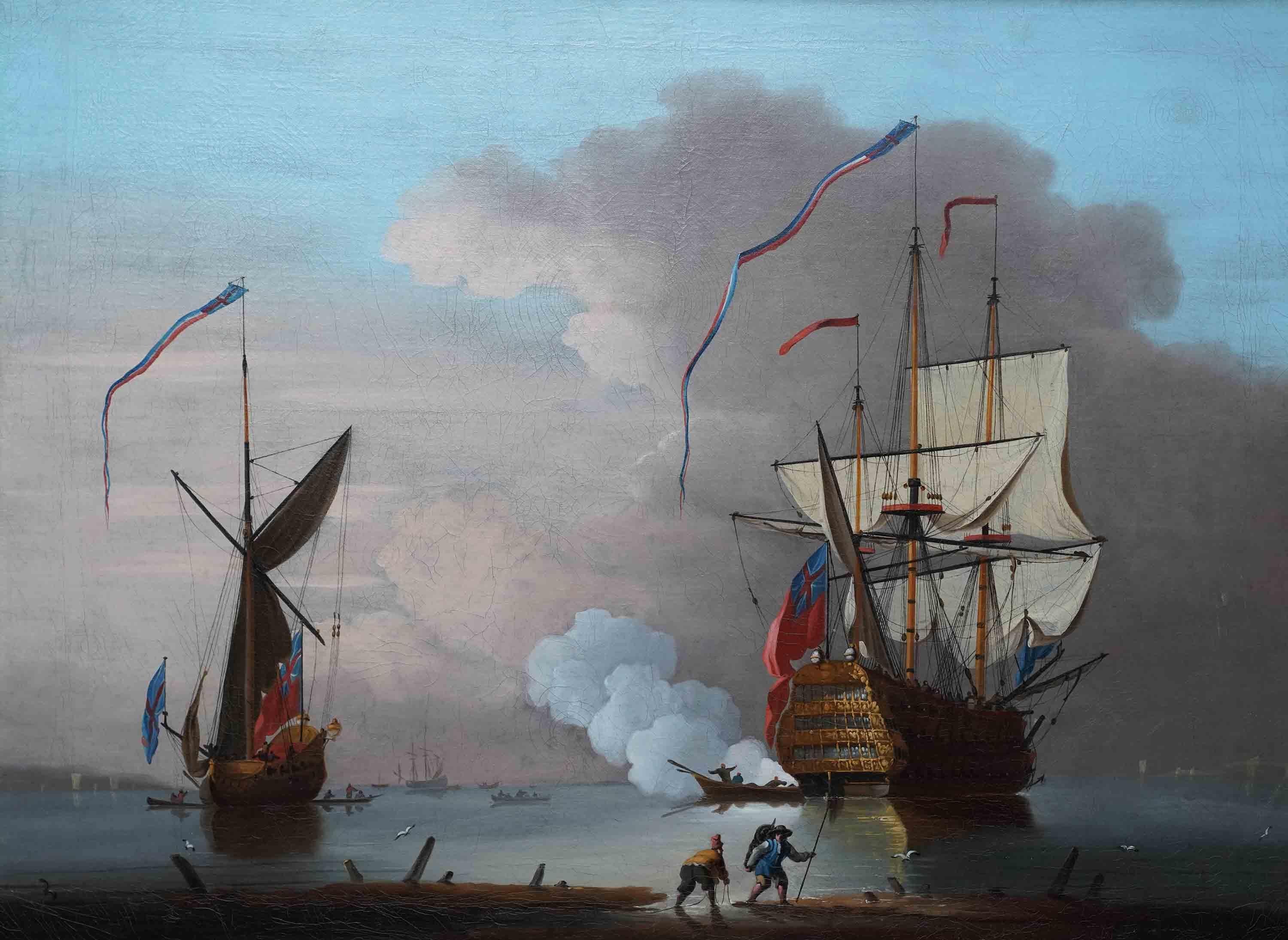 Morning Gun - British Old Master naval marine seascape ships art oil painting - Painting de Peter Monamy