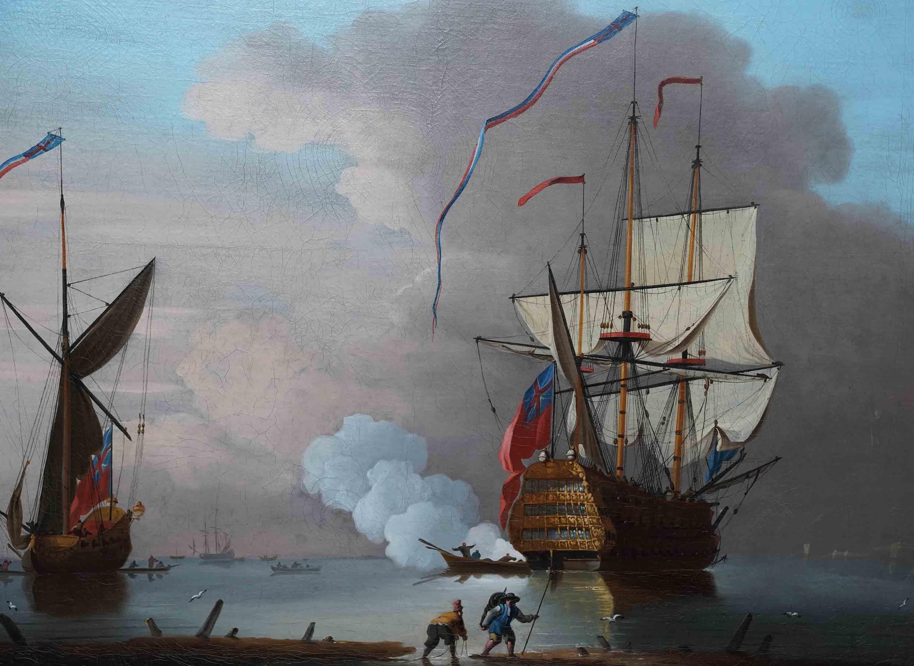Morning Gun - British Old Master naval marine seascape ships art oil painting  - Old Masters Painting by Peter Monamy