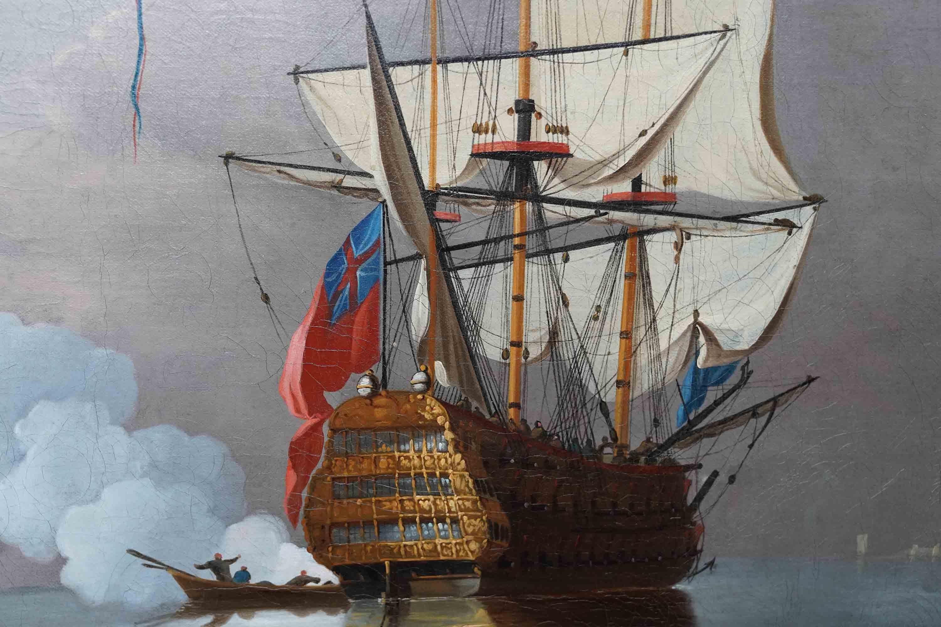 Morning Gun - British Old Master naval marine seascape ships art oil painting  For Sale 2