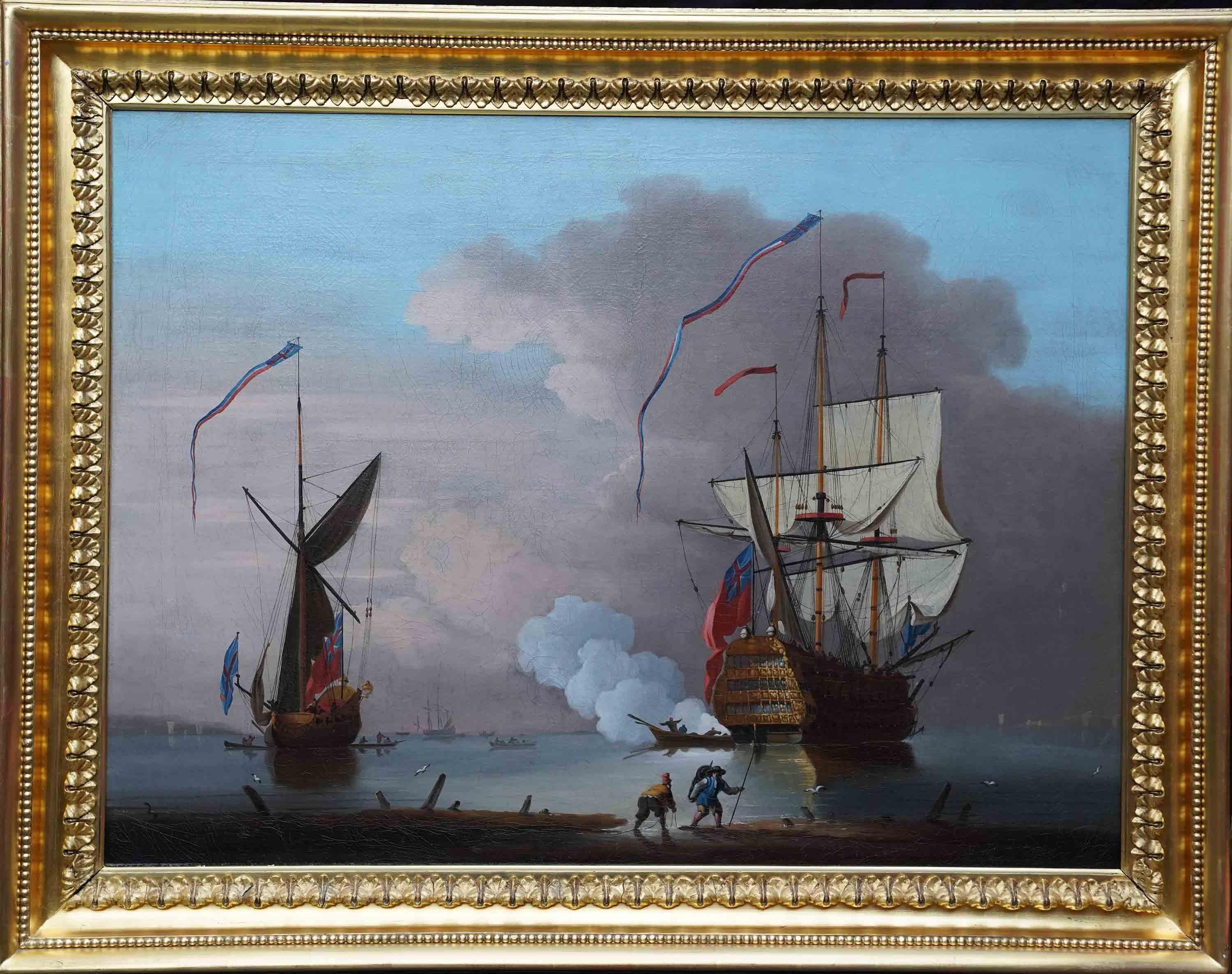Peter Monamy Landscape Painting - Morning Gun - British Old Master naval marine seascape ships art oil painting 