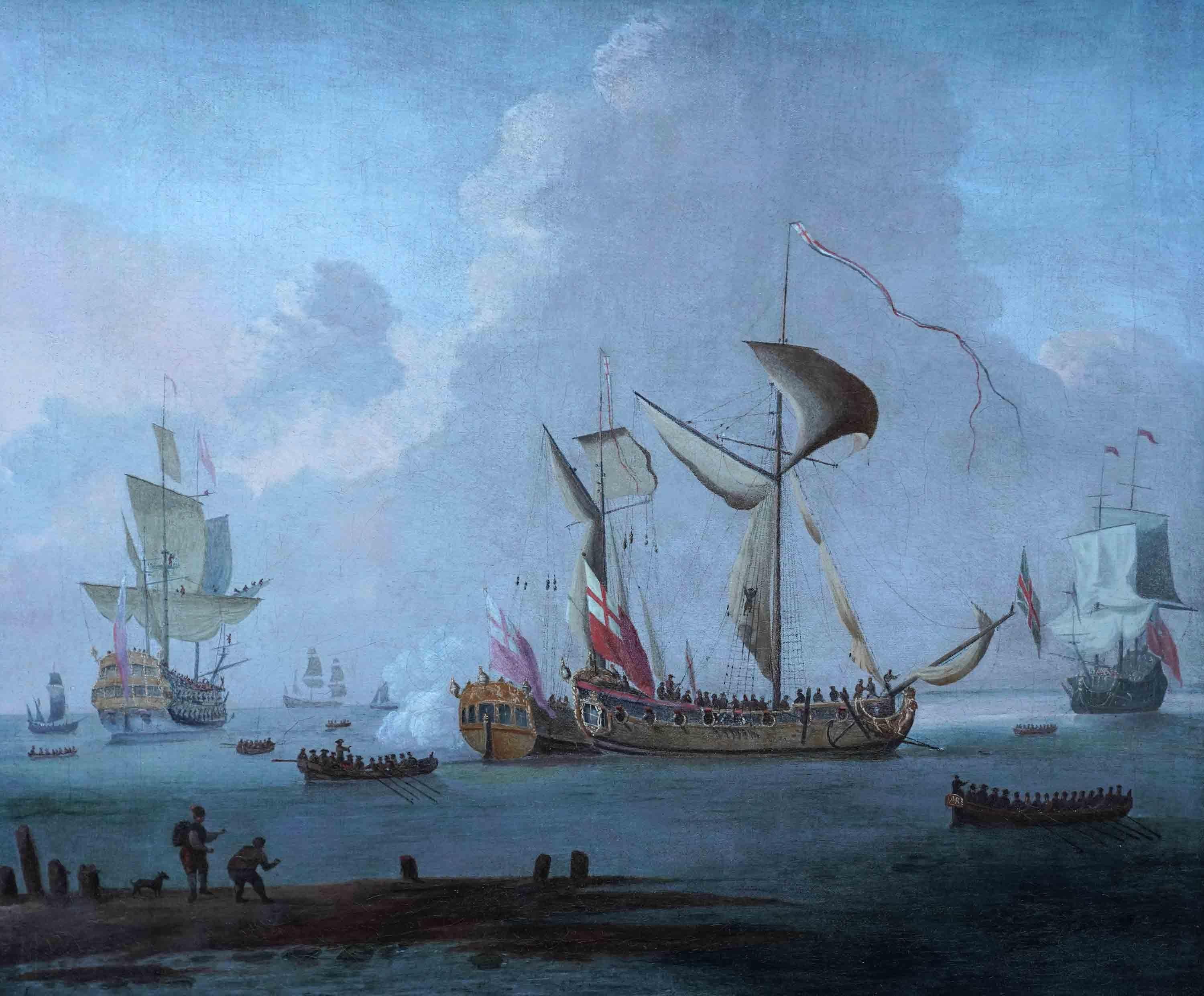 Royal Navy Ships Firing a Salute - British Old Master marine art oil painting - Painting by Peter Monamy