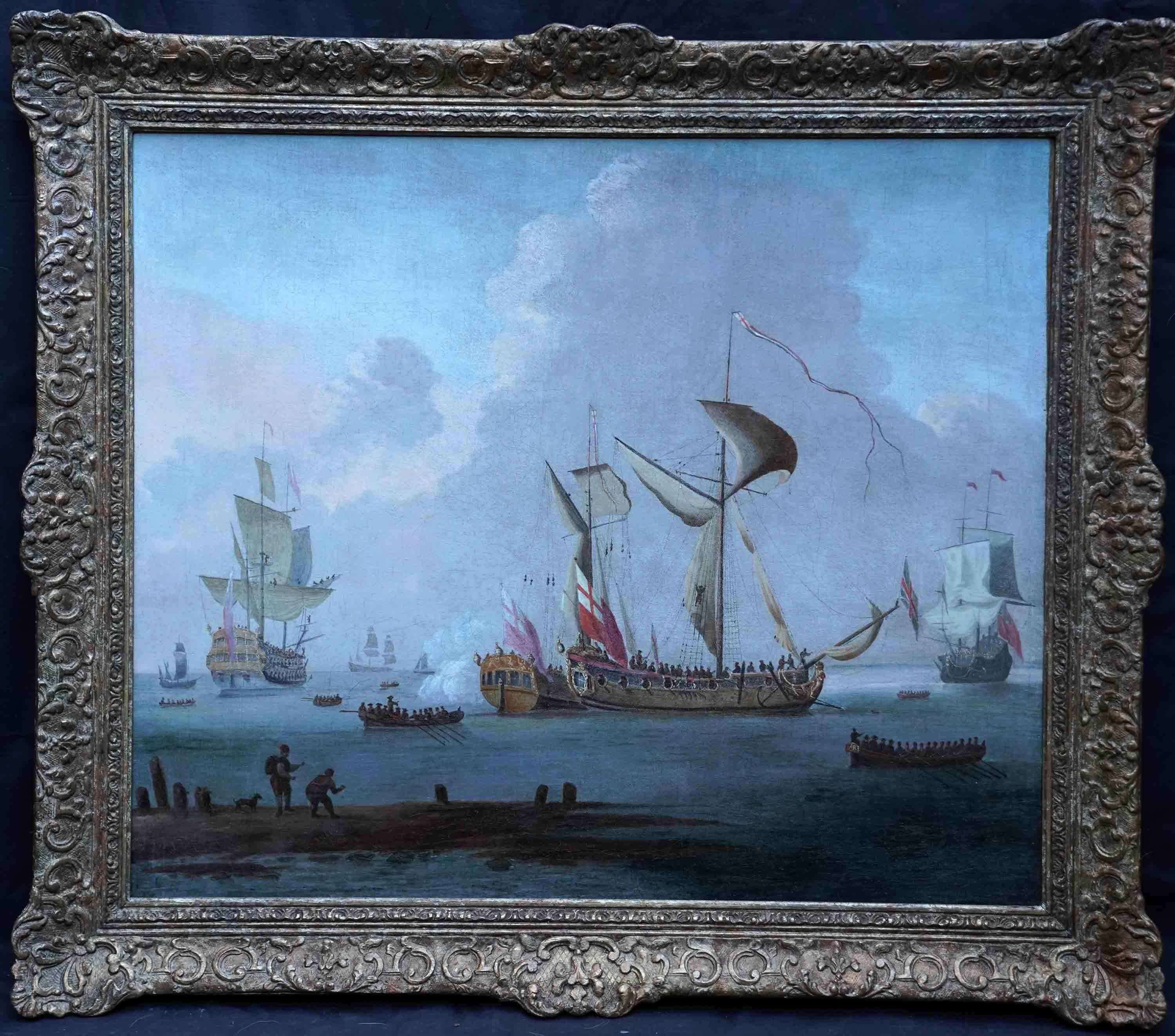 Peter Monamy Landscape Painting - Royal Navy Ships Firing a Salute - British Old Master marine art oil painting