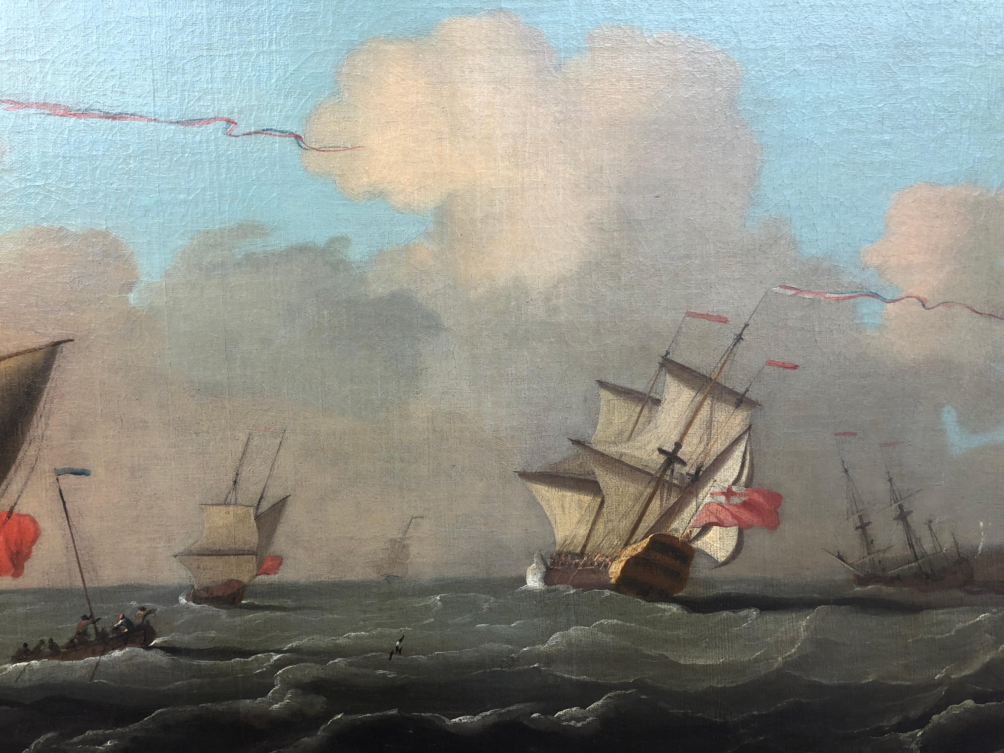 Peter Monamy (1681-1749)
British Men of War and Sailing Vessels off the Coast
Signed and Dated
Oil on Canvas 
28 X 38 3/4 inches, Framed

Peter Monamy was born in London to a merchant family. He was apprenticed to a house painter (a