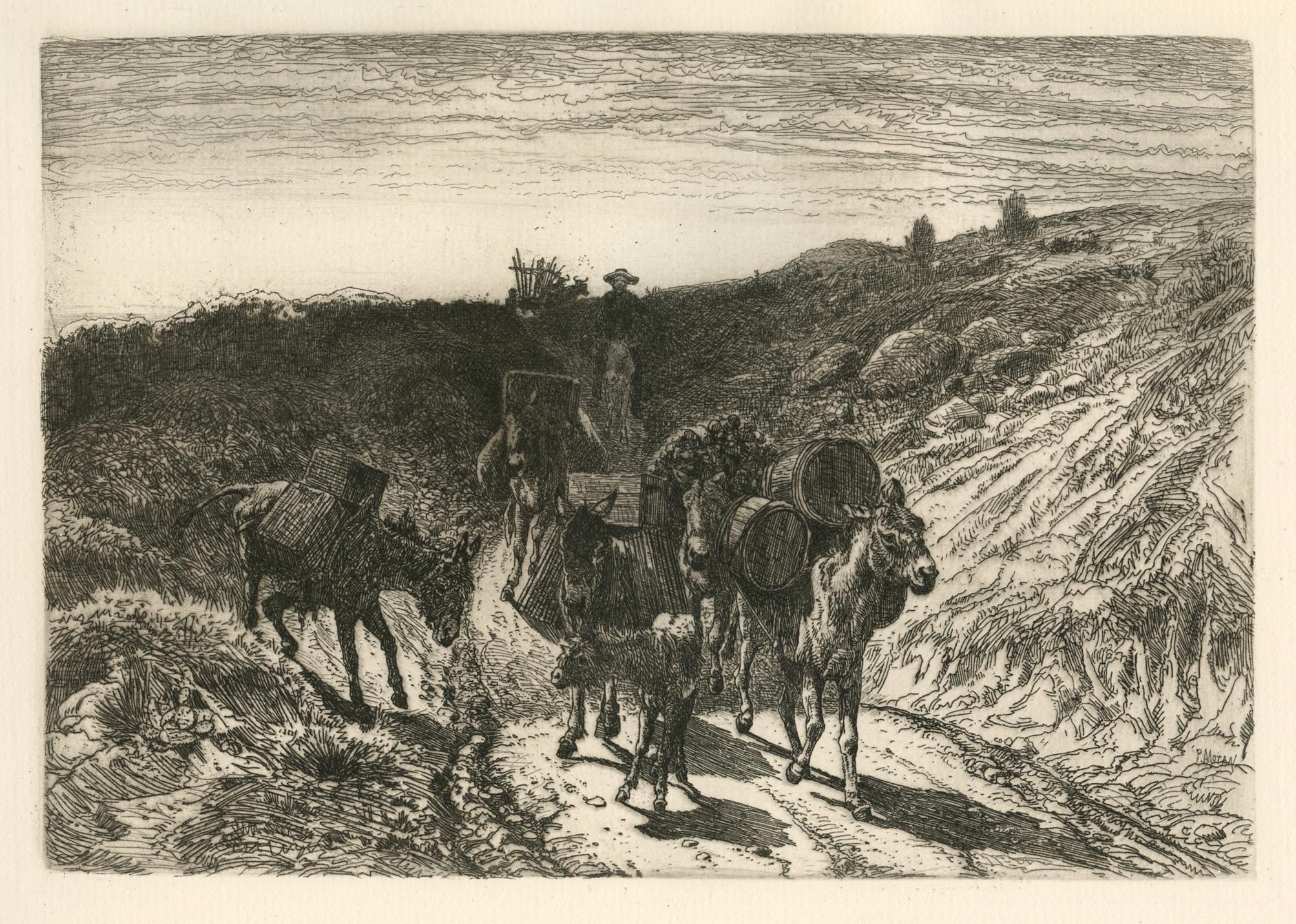Peter Moran Landscape Print - "A Burro Train, New Mexico" original etching