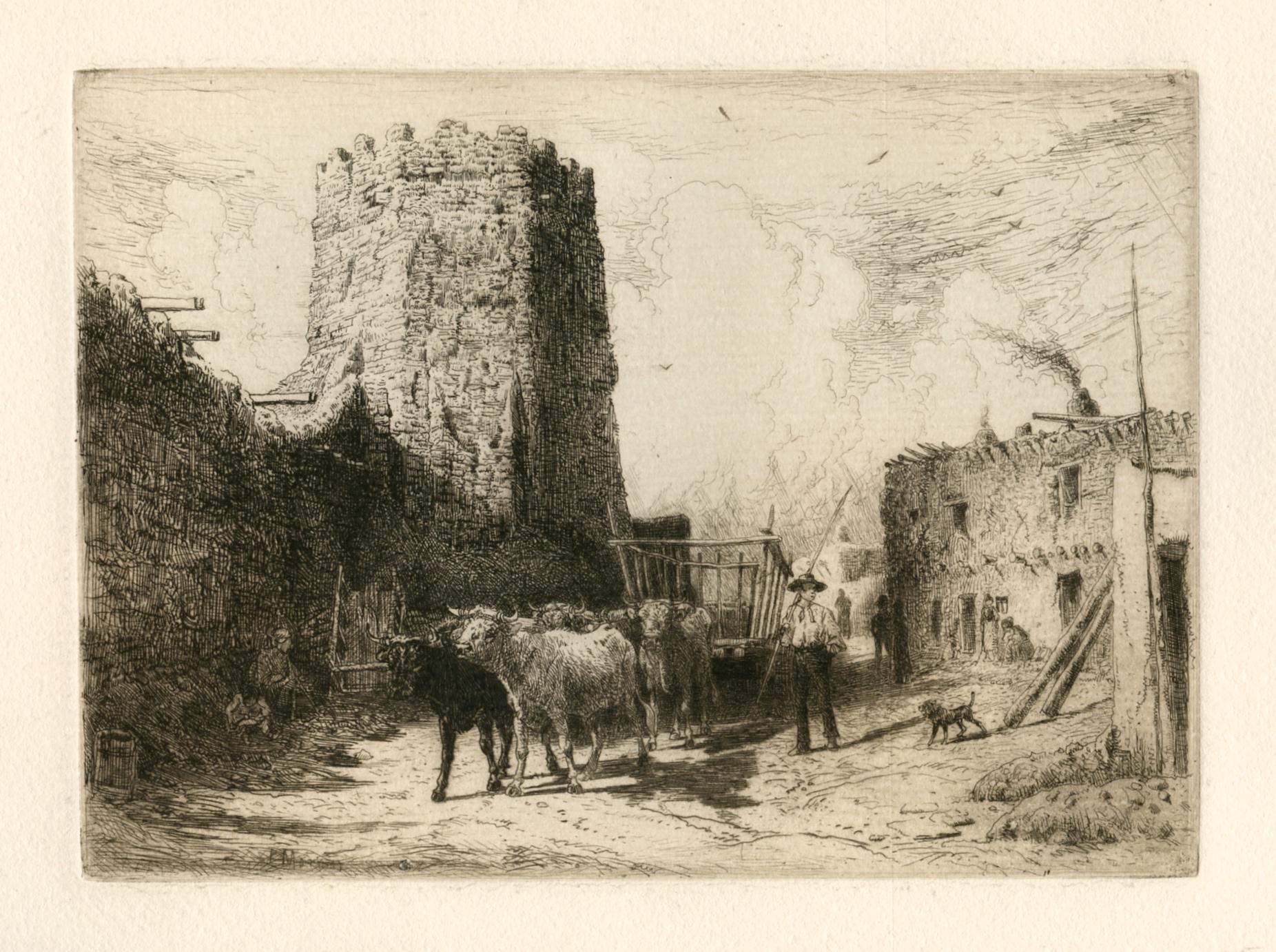 Landscape Print de Peter Moran - "Iglesia de San Miguel, Santa Fe, Nuevo México" grabado original