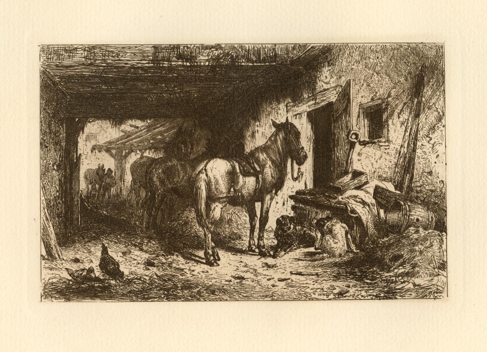 Landscape Print de Peter Moran - "Descanso del mediodía" grabado original