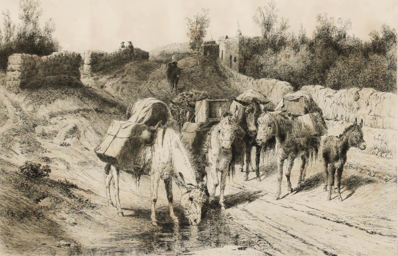 Peter Moran (1841-1914) - Framed Etching, On the Road to Santa Fe For Sale 1