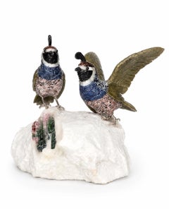 Peter Müller Carved Gemstone Quail Couple on Natural Tourmaline Mineral Matrix