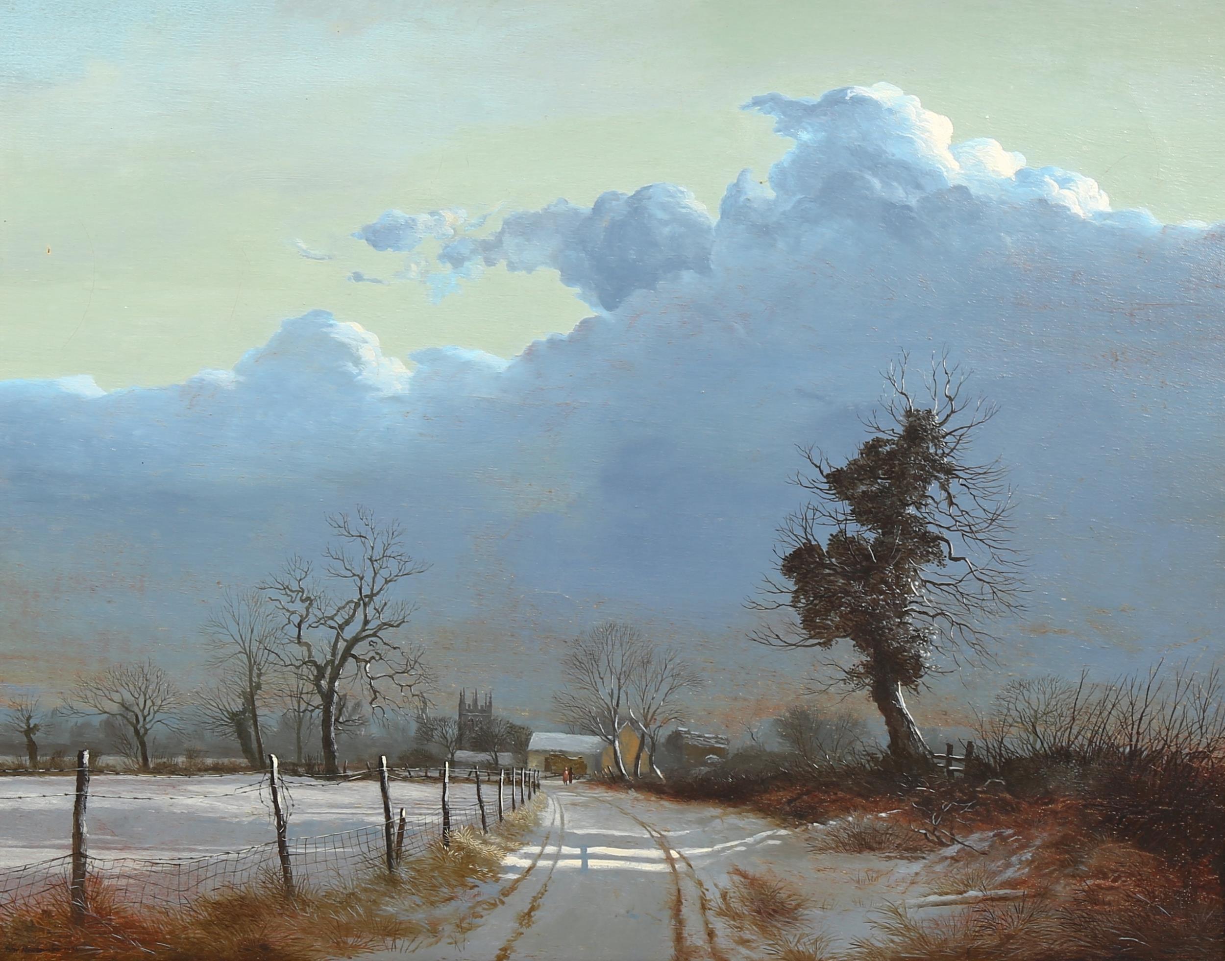 Peter Newcombe Landscape Painting – A Winter Walk, Moderne britische Öl-Landschaft, signiert, 1974