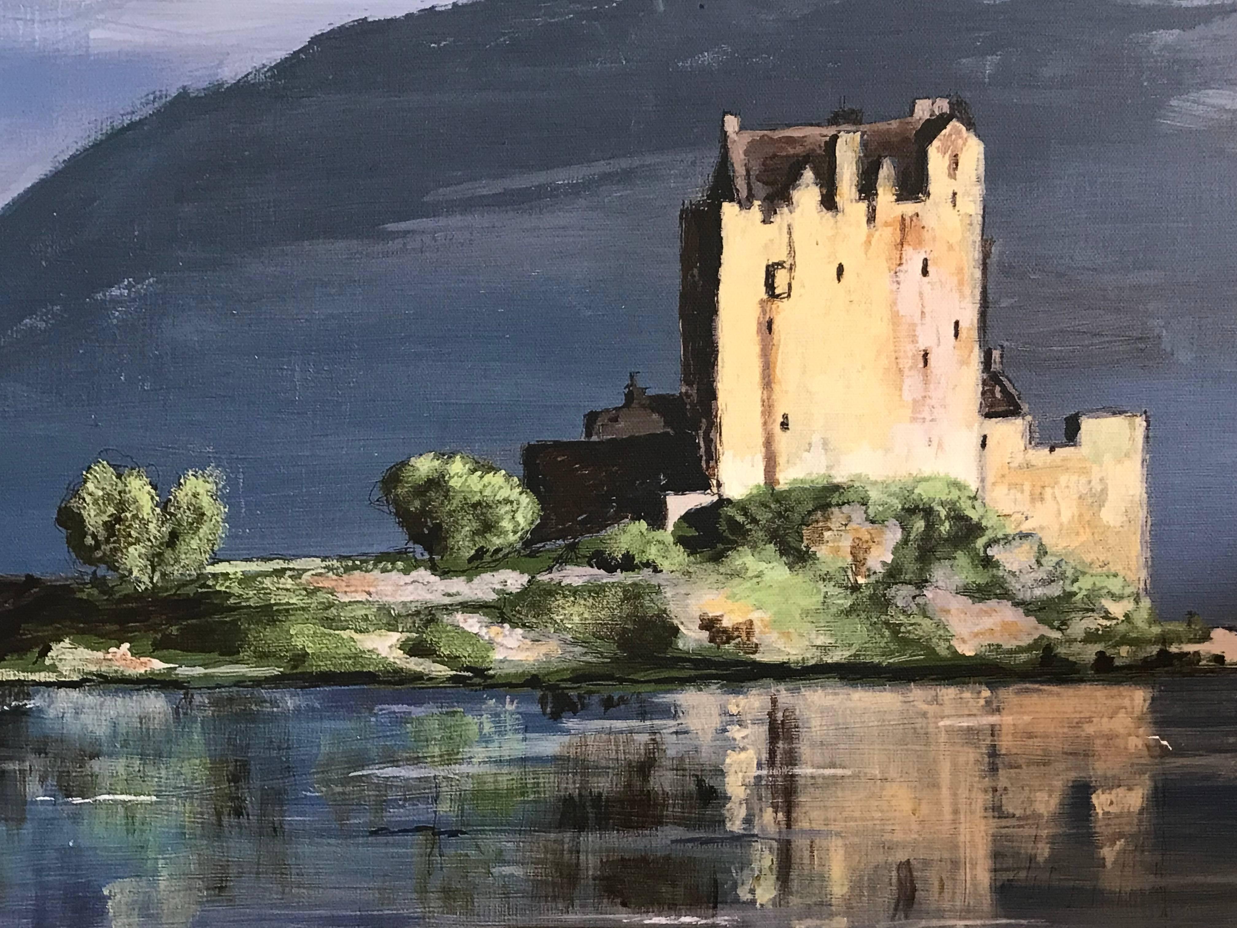 Eilean Donan Castle Scotland Large Signed Oil Painting - Gray Landscape Painting by Peter Nichols
