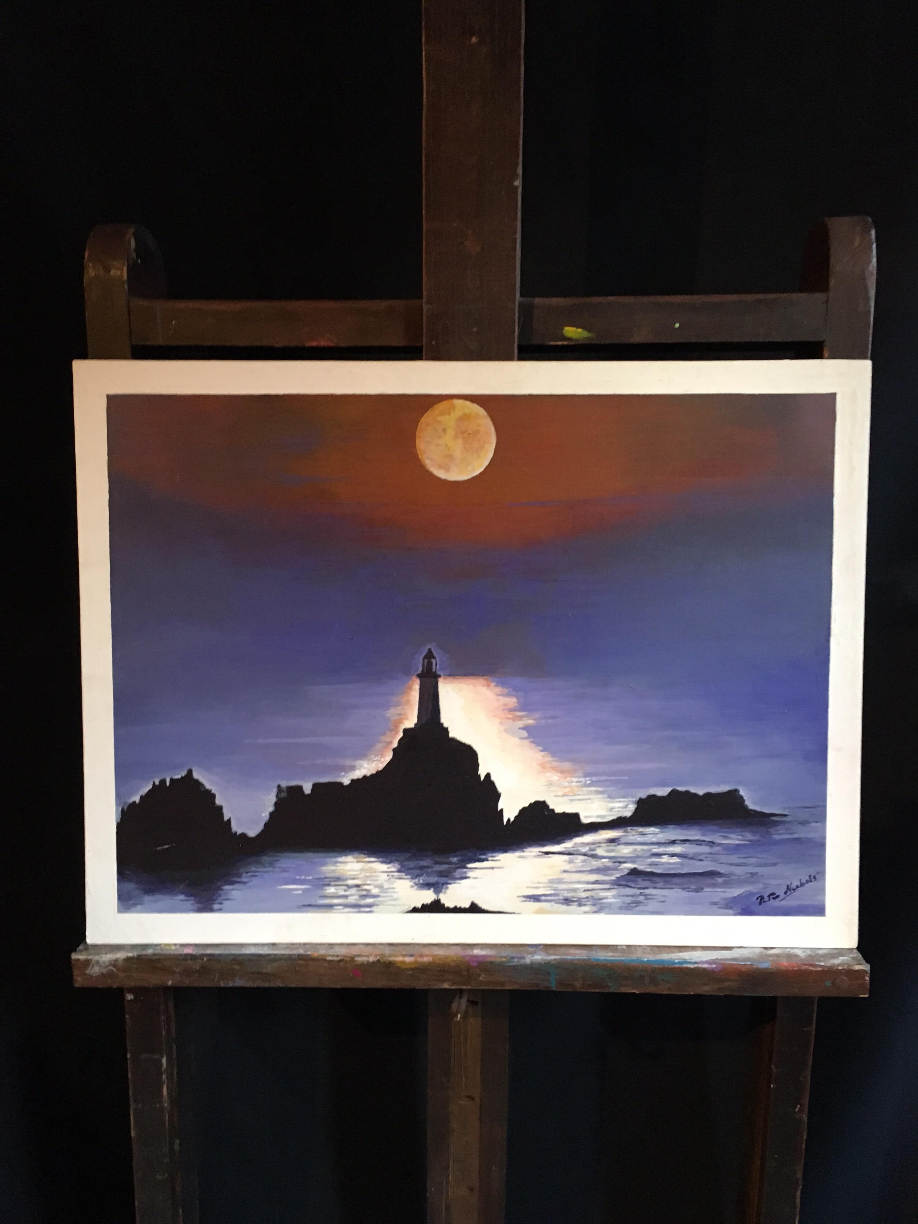 Lighthouse at Night, Silhouette Landscape Large Signed Oil Painting
by Peter Nichols, British contemporary artist
oil painting on board, unframed
signed by the artist on the lower left hand corner
board size: 18 x 24 inches

Superb original oil