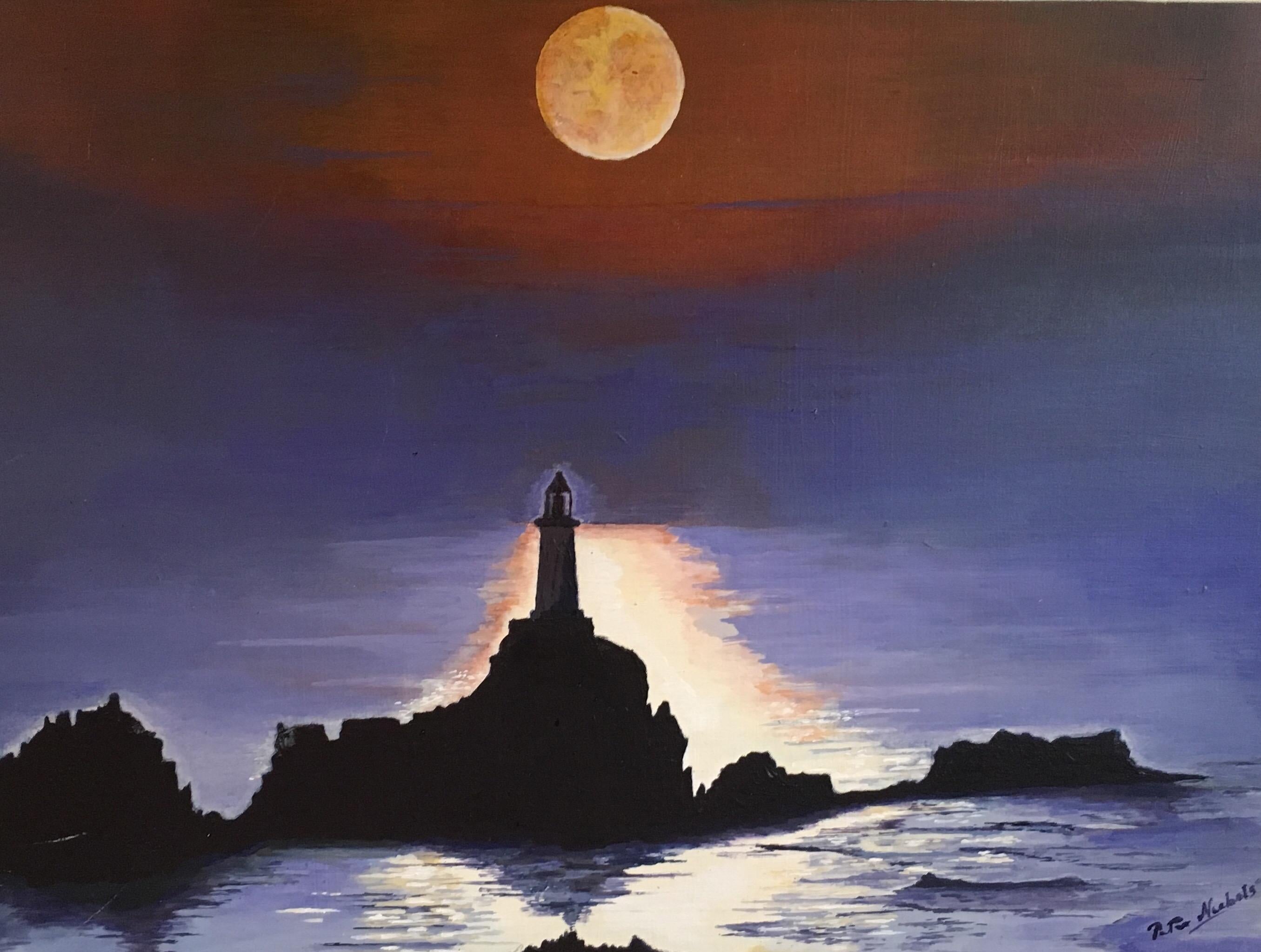 Lighthouse at Night, Silhouette Landscape Large Signed Oil Painting
