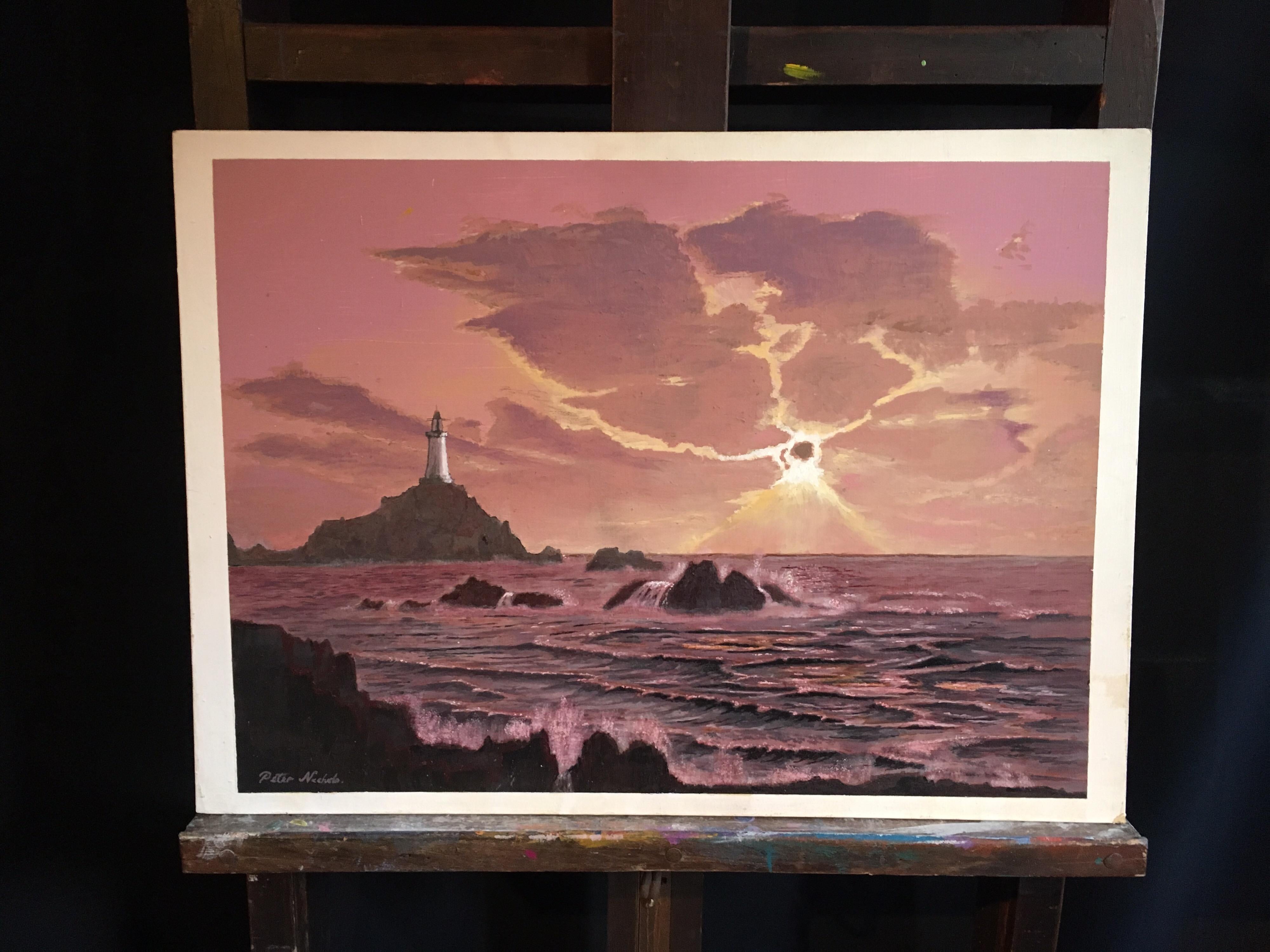 lighthouse sunset painting