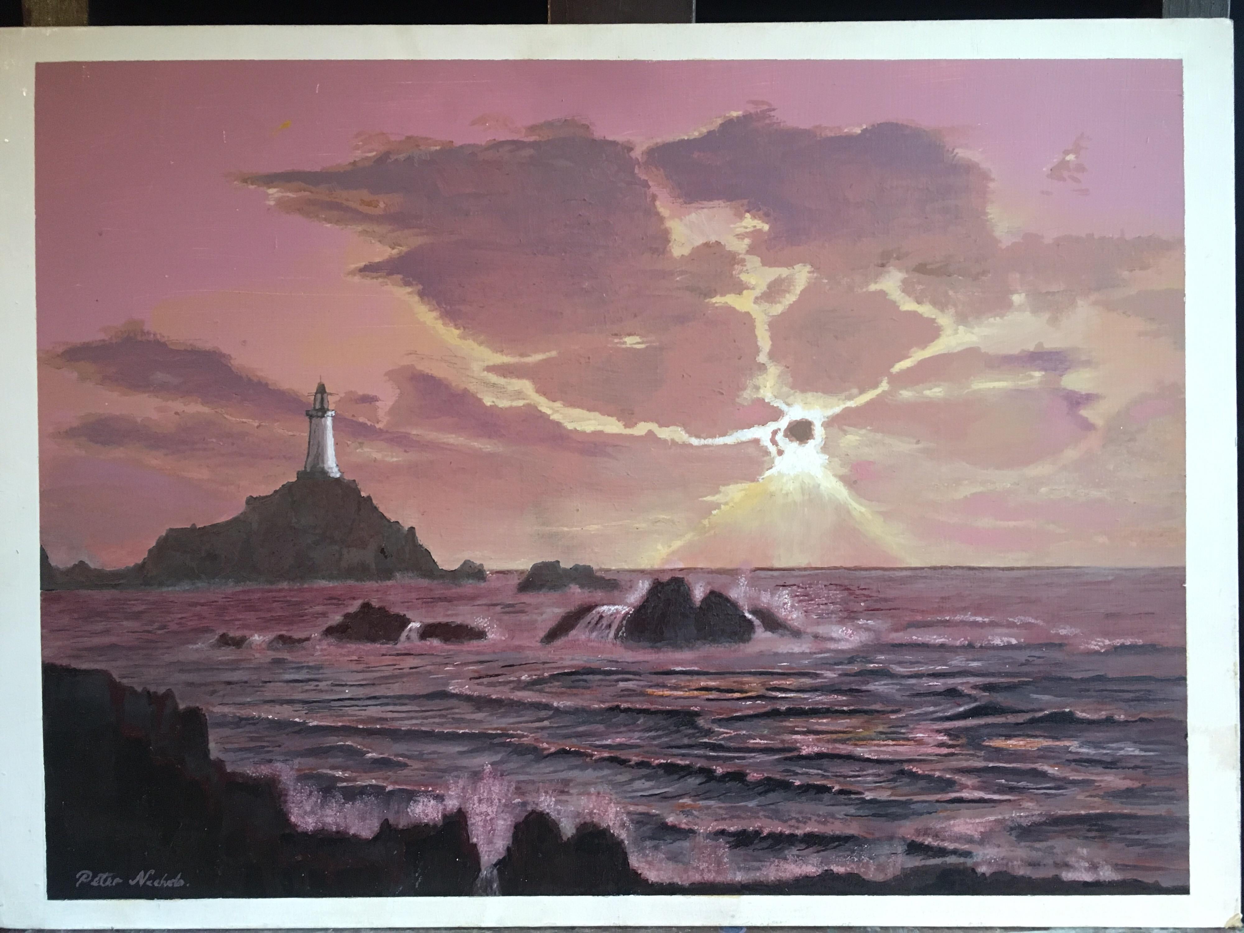 sunset with lighthouse painting