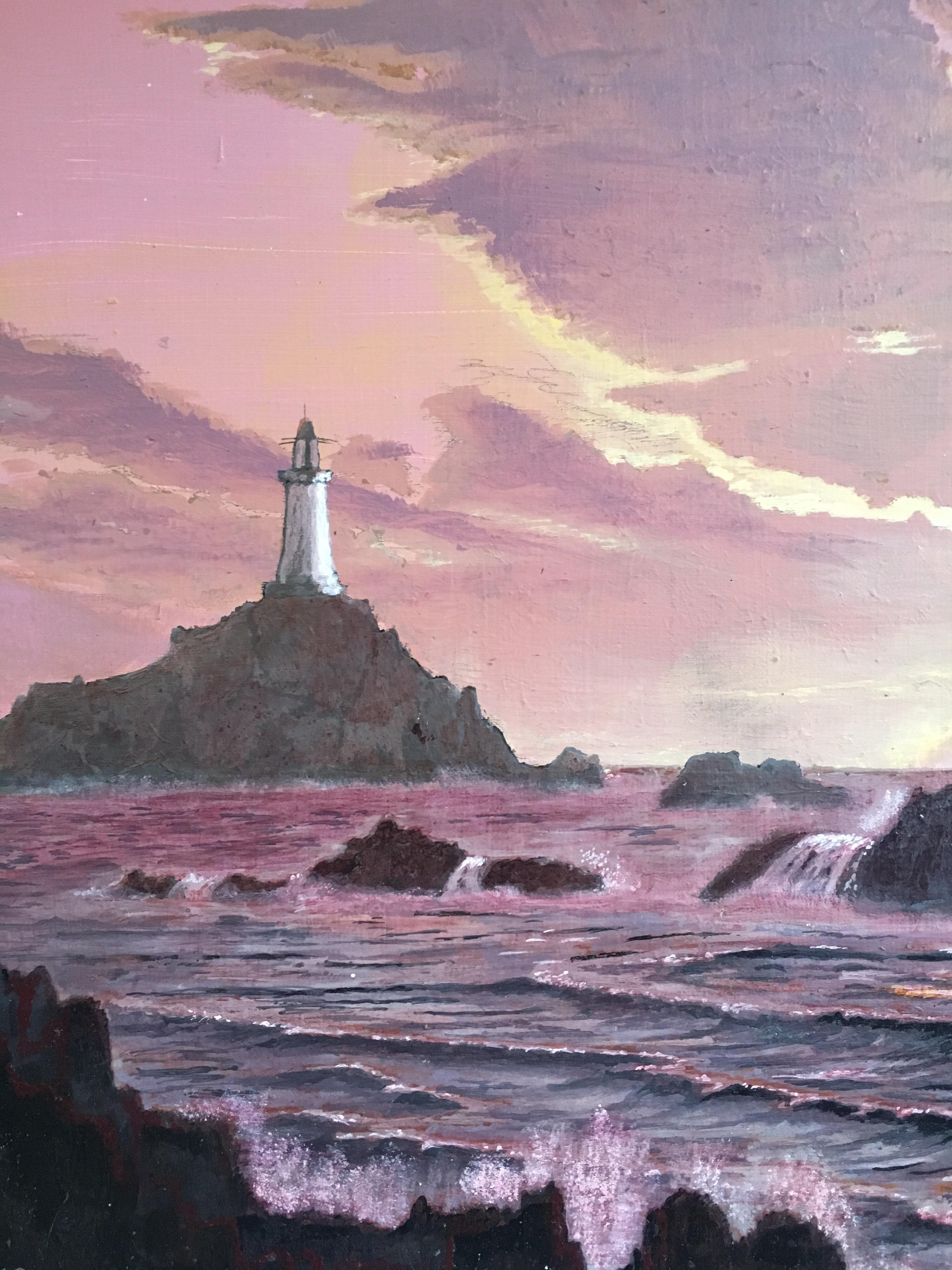 The Lighthouse, Sunset Landscape Large Signed Oil Painting - Brown Landscape Painting by Peter Nichols