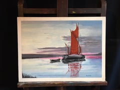 The Red Sail, Sunset Nautical Landscape Large Signed Oil Painting