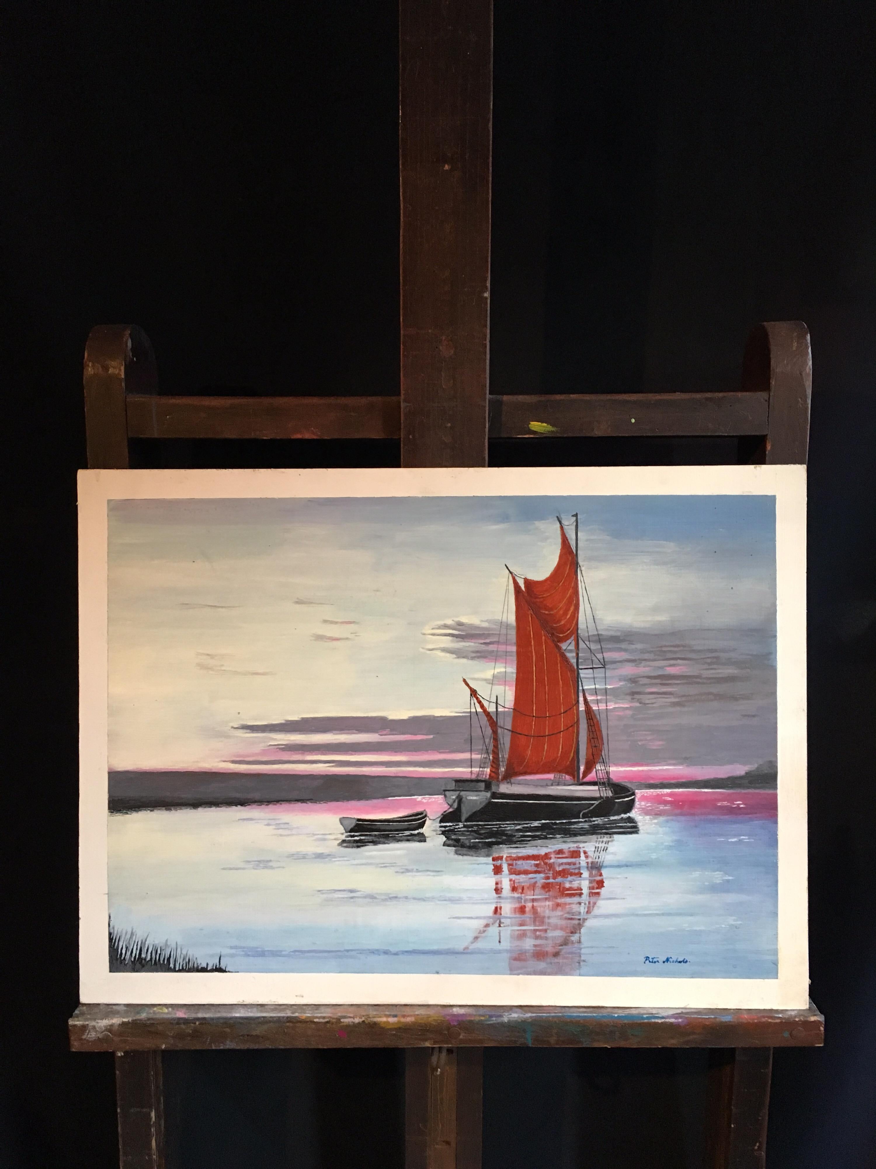 The Red Sail, Sunset Nautical Landscape Large Signed Oil Painting 1