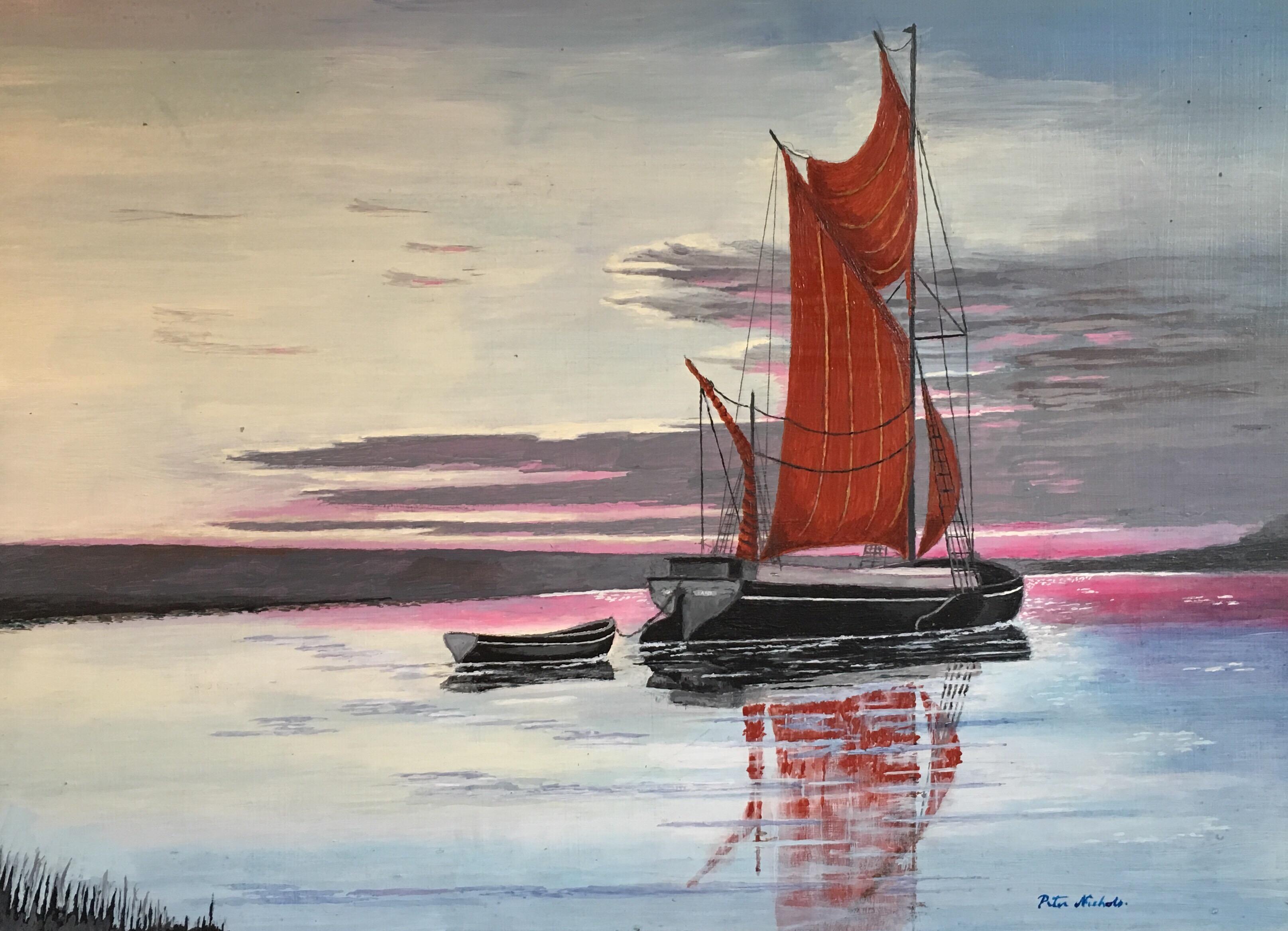 Peter Nichols Landscape Painting - The Red Sail, Sunset Nautical Landscape Large Signed Oil Painting