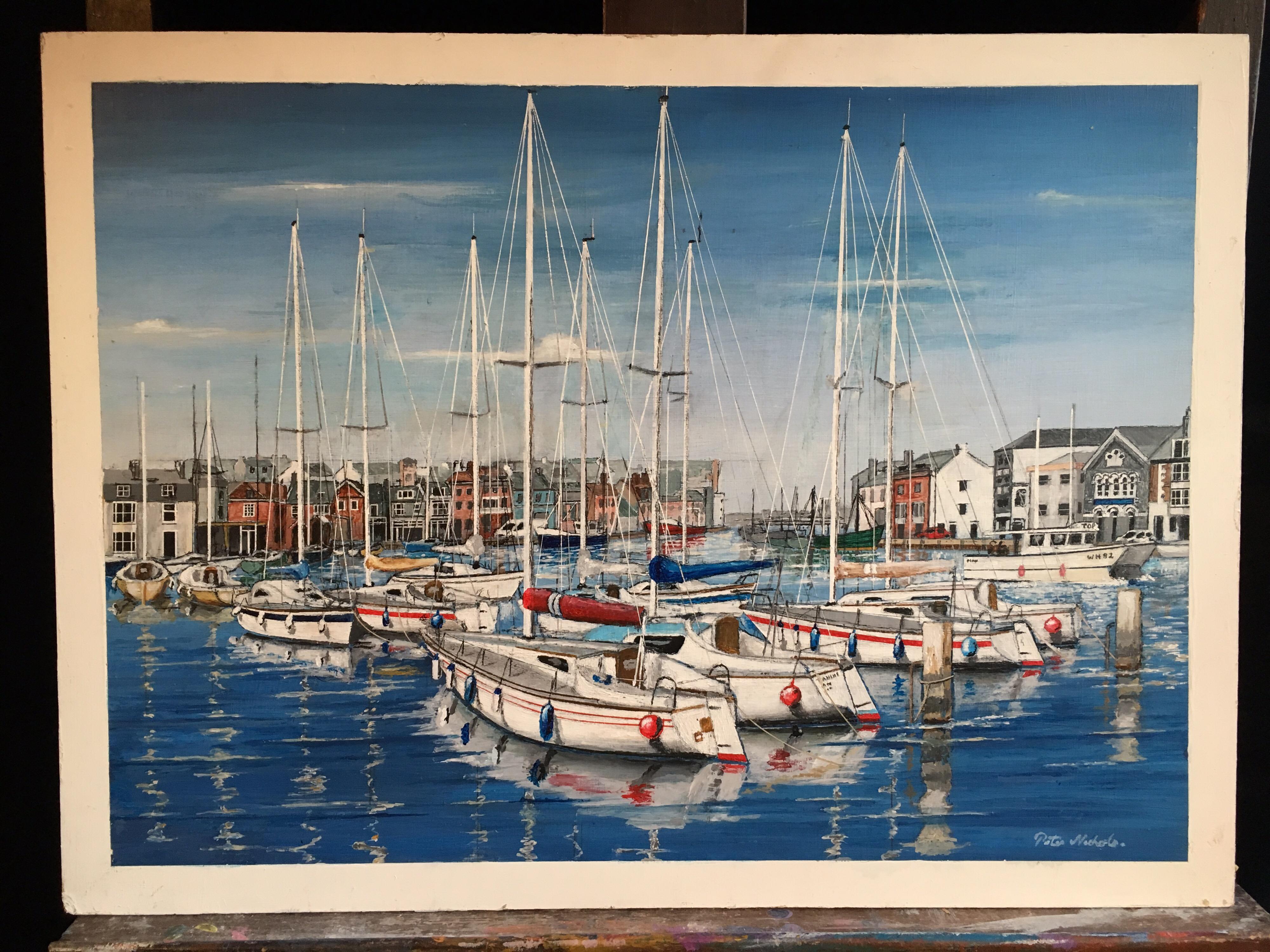 Grande peinture à l'huile signée « Yachts in Harbour, Nautical Themed Landscape » - Impressionnisme Painting par Peter Nichols