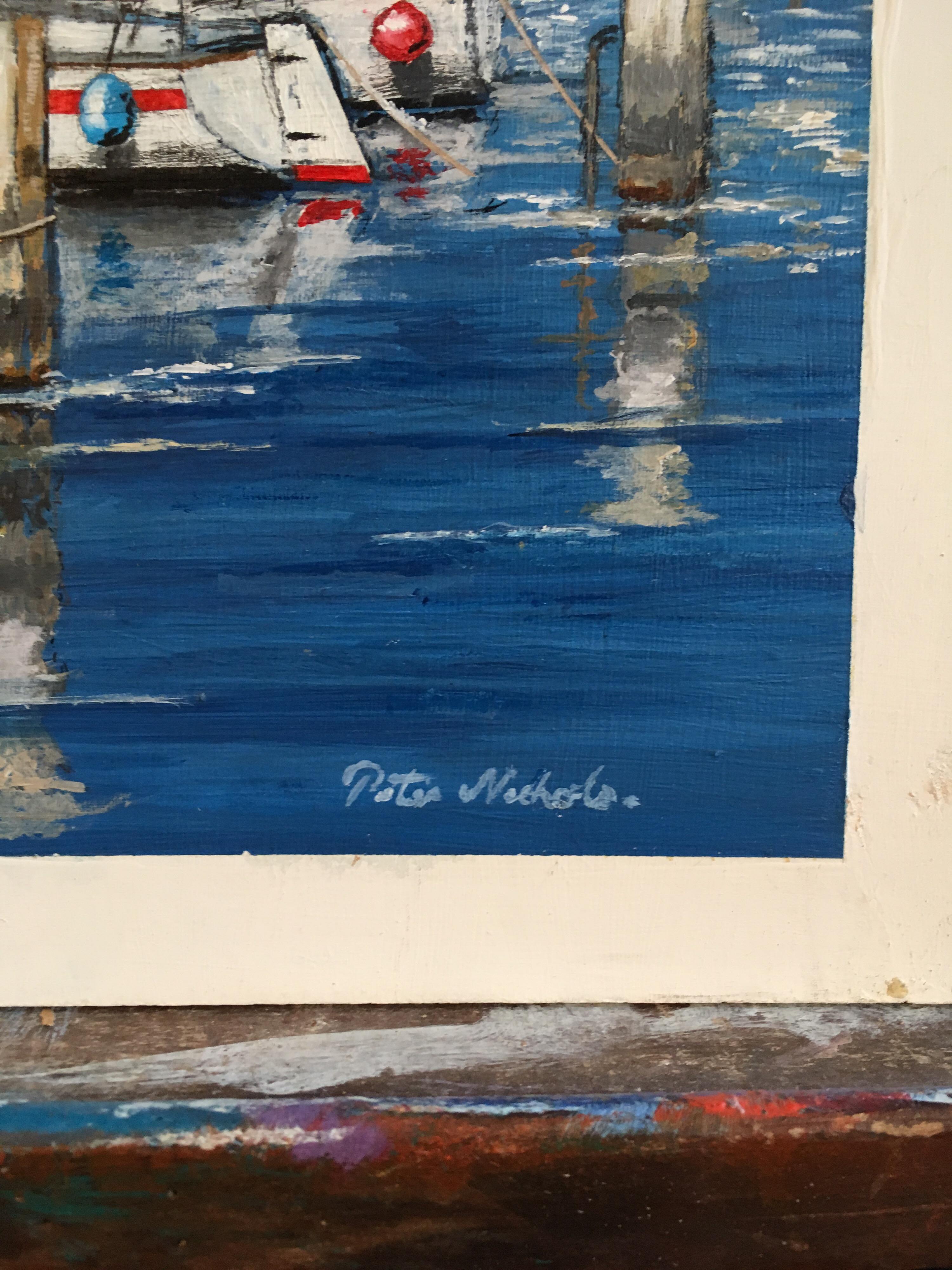 Grande peinture à l'huile signée « Yachts in Harbour, Nautical Themed Landscape » - Gris Landscape Painting par Peter Nichols