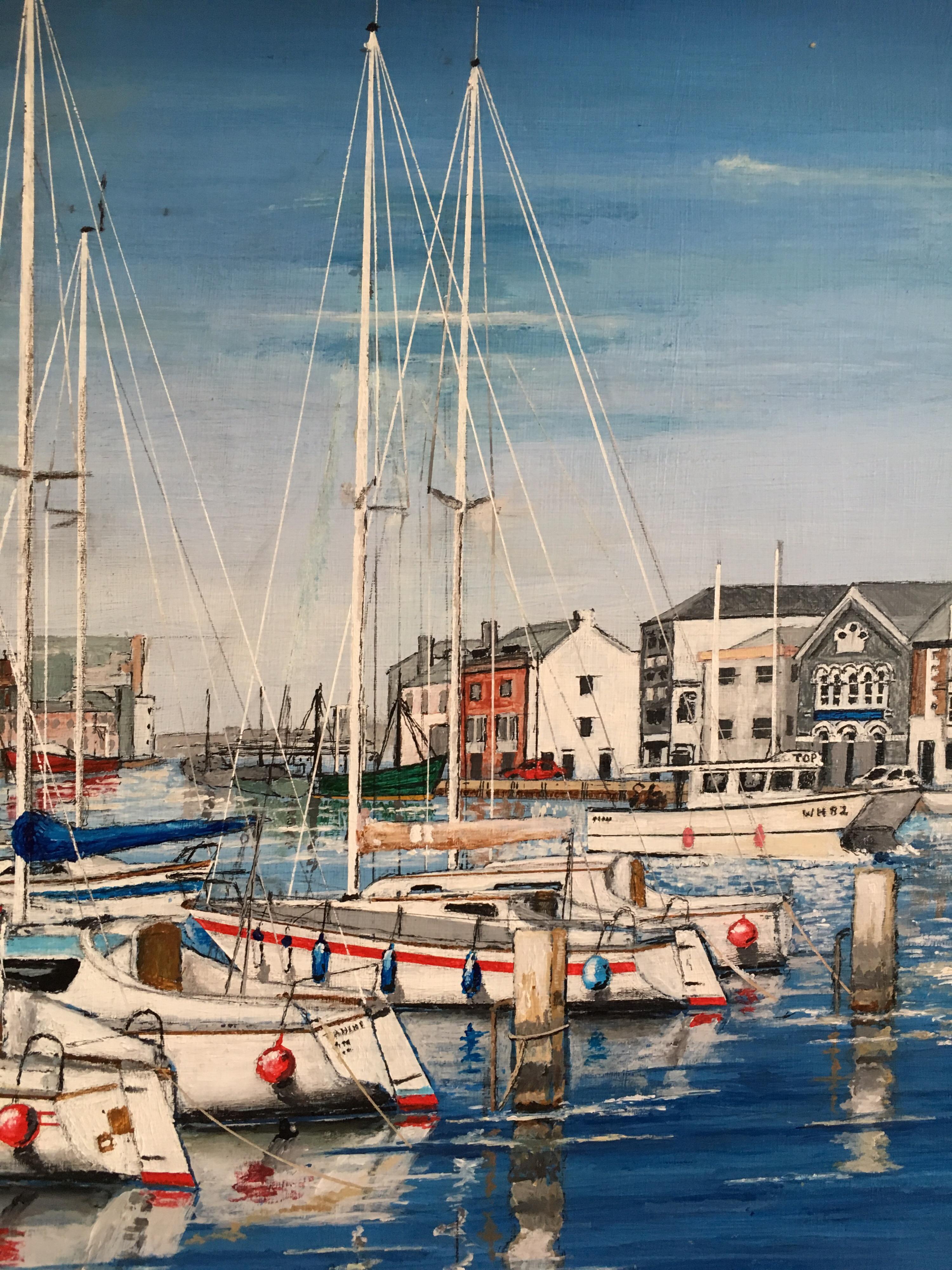 Yachts in Harbour, Nautical Themed Landscape Large Signed Oil Painting - Gray Landscape Painting by Peter Nichols