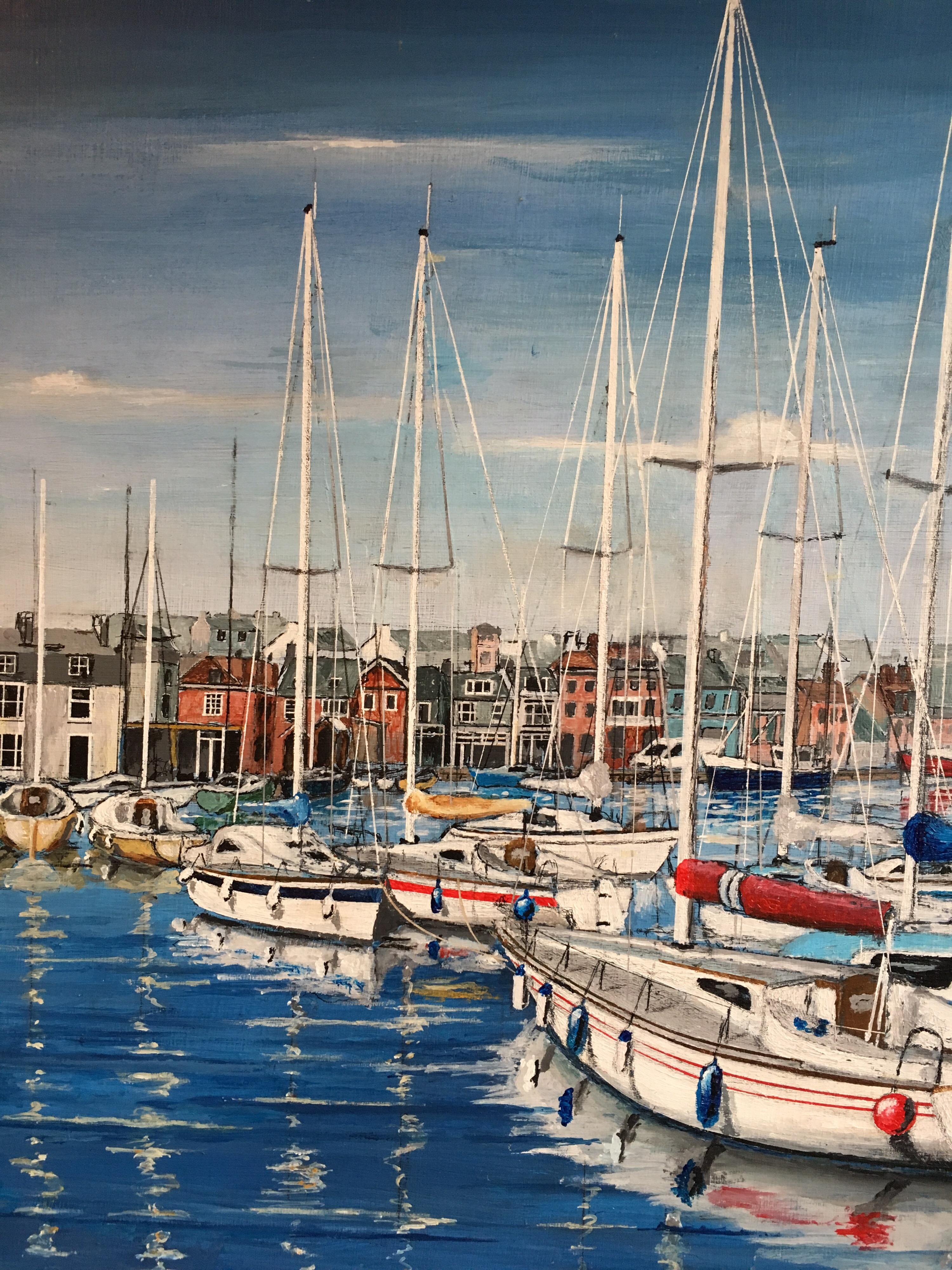 Yates en el puerto, paisaje de temática náutica Pintura al óleo grande firmada en venta 1