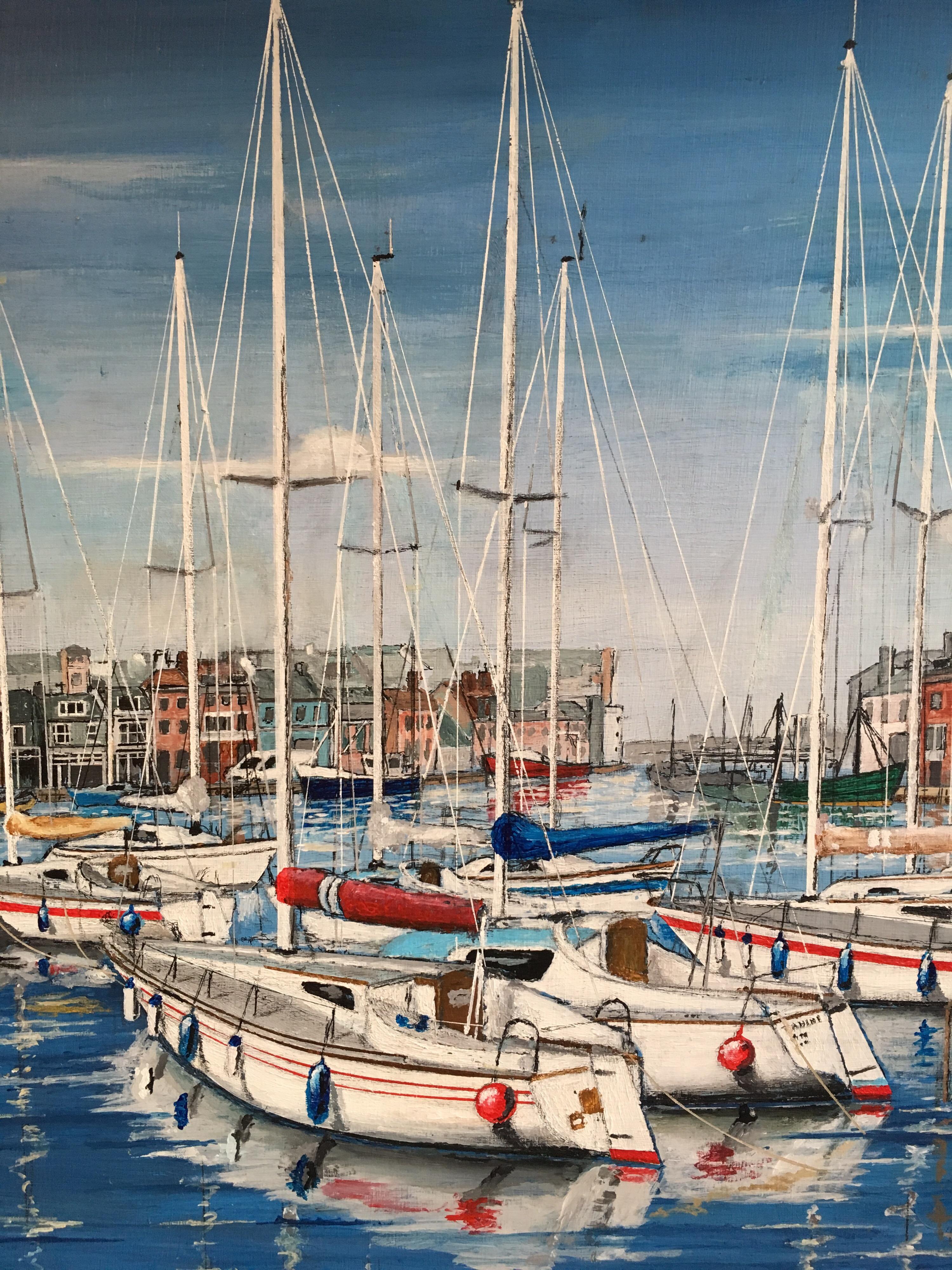 Yates en el puerto, paisaje de temática náutica Pintura al óleo grande firmada en venta 2