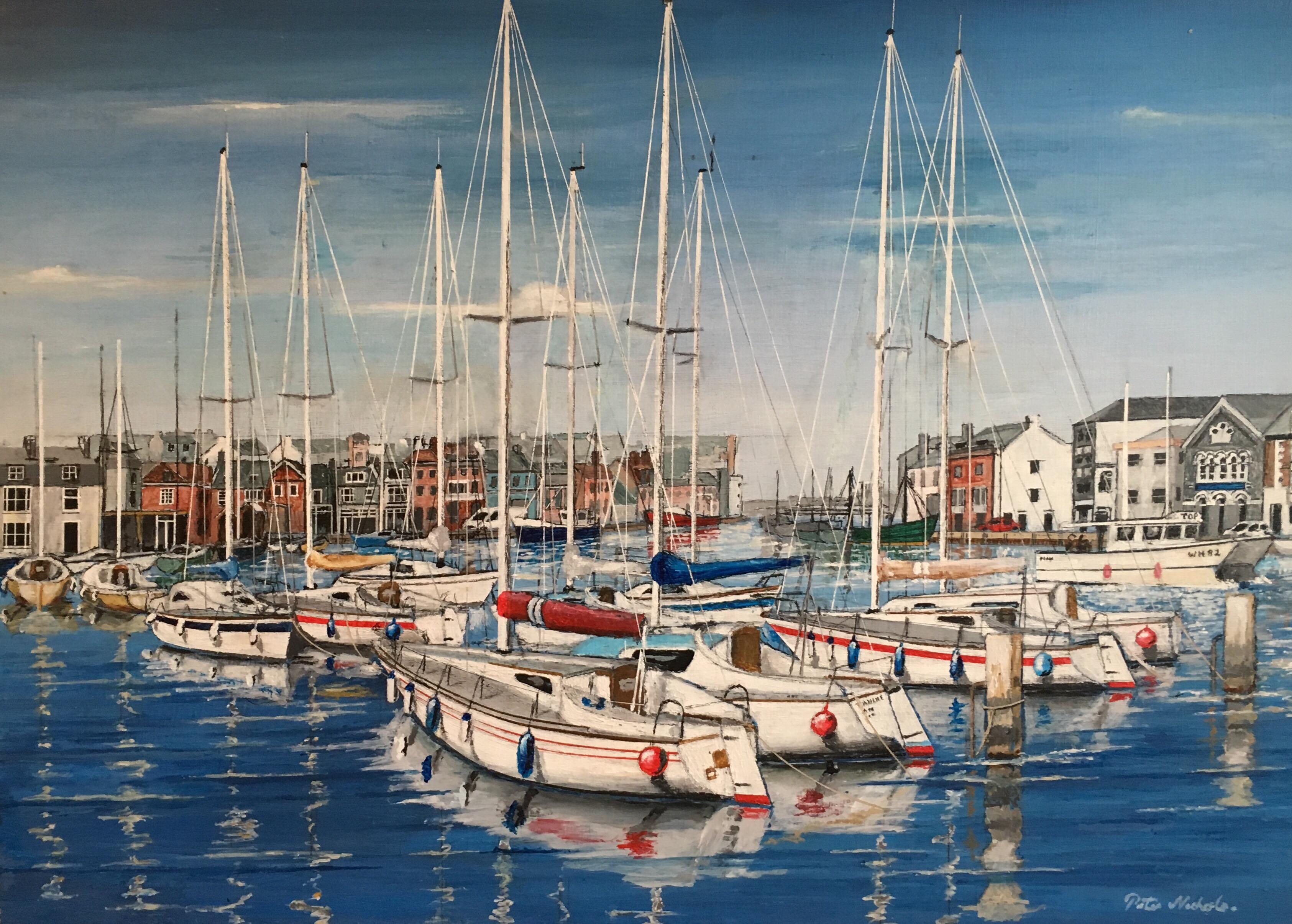 Landscape Painting Peter Nichols - Grande peinture à l'huile signée « Yachts in Harbour, Nautical Themed Landscape »