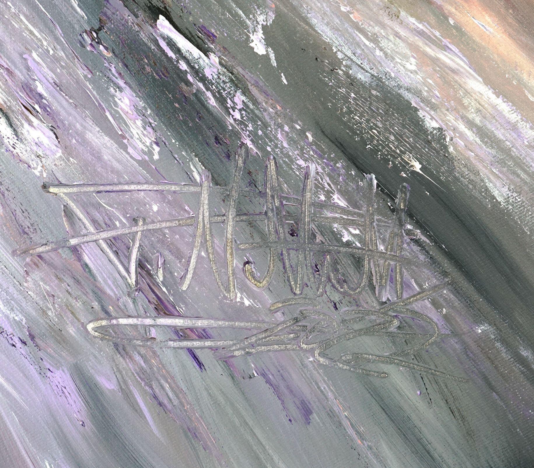 Pittura armoniosa con colori tenui; per questa tavolozza sono stati mescolati i toni del nero, del marrone, del bianco, della lavanda, dell'albicocca, dell'antracite e del magenta. L'opera d'arte è in grado di invitare lo spettatore a un sogno a