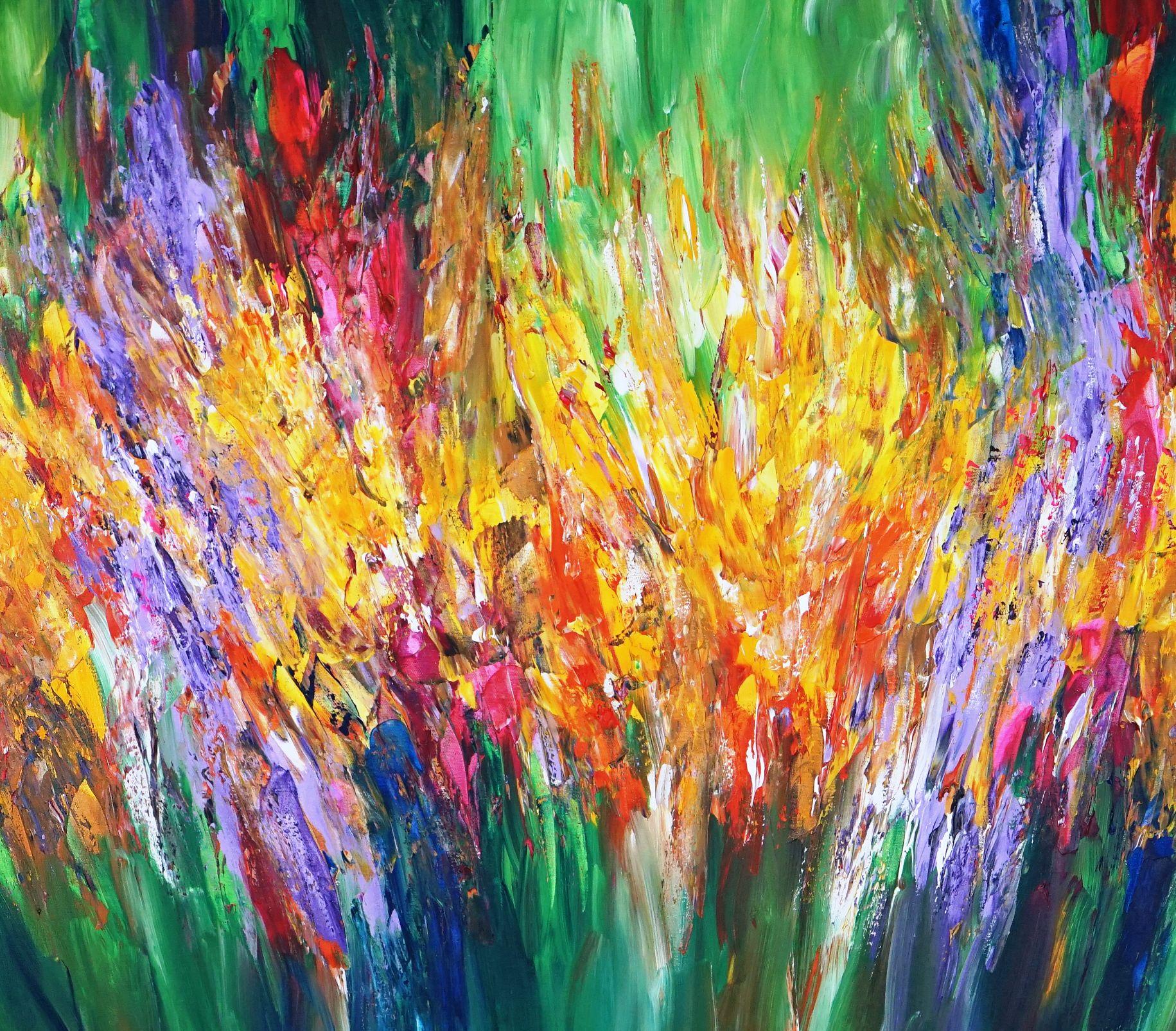 Abstract painting with an organic-floral character. Against a rich green background, a vibrant color formation unfolds in shades of yellow, white, beige, brown, orange, red, magenta, pink, lavender, violet and blue. The picture is rich in details