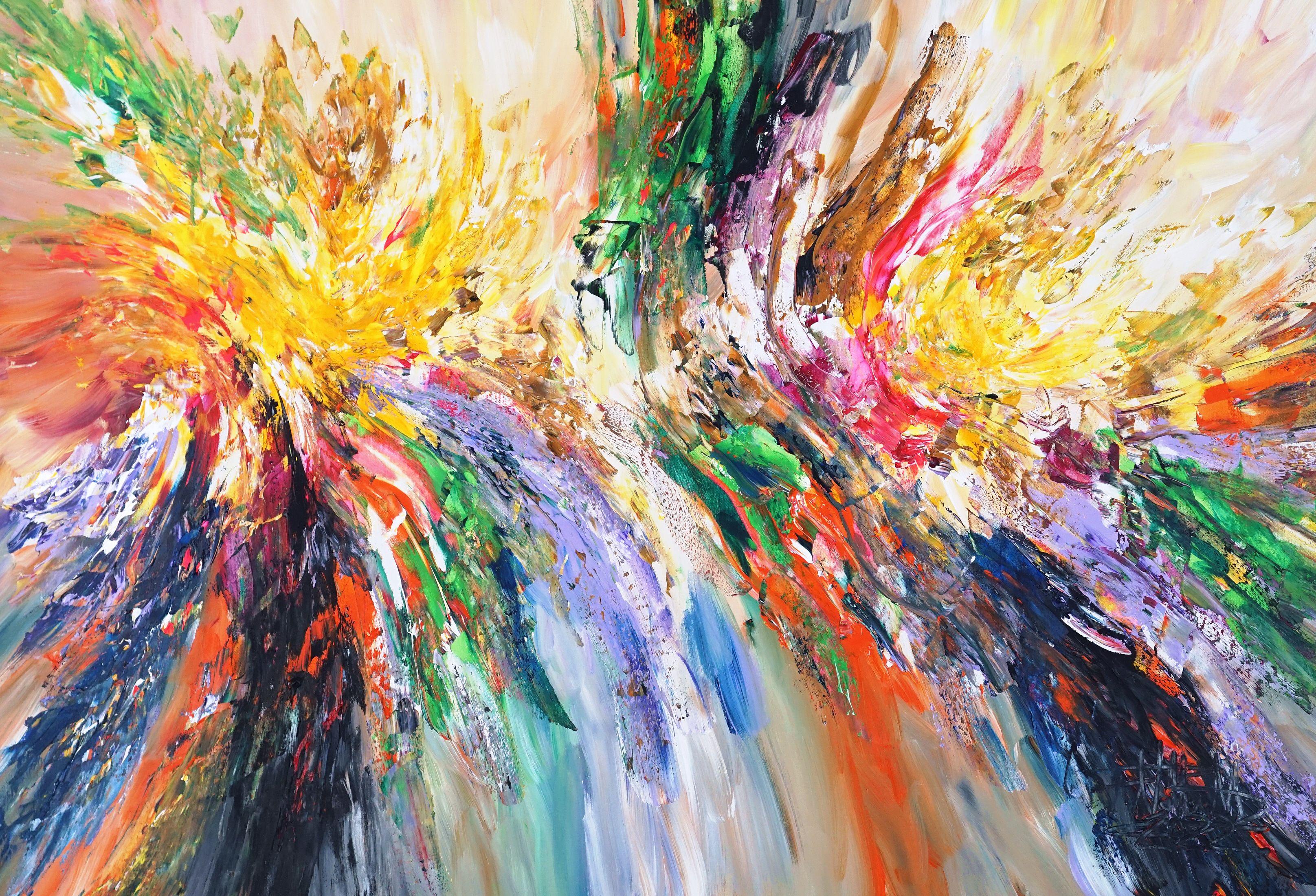 The painting is equally characterized by intensity and dynamics. The black and gray tones are contrasted with blue, green, white, yellow, orange, red, magenta, pink and violet tones, the upper half of the painting is lighter than the lower half. The