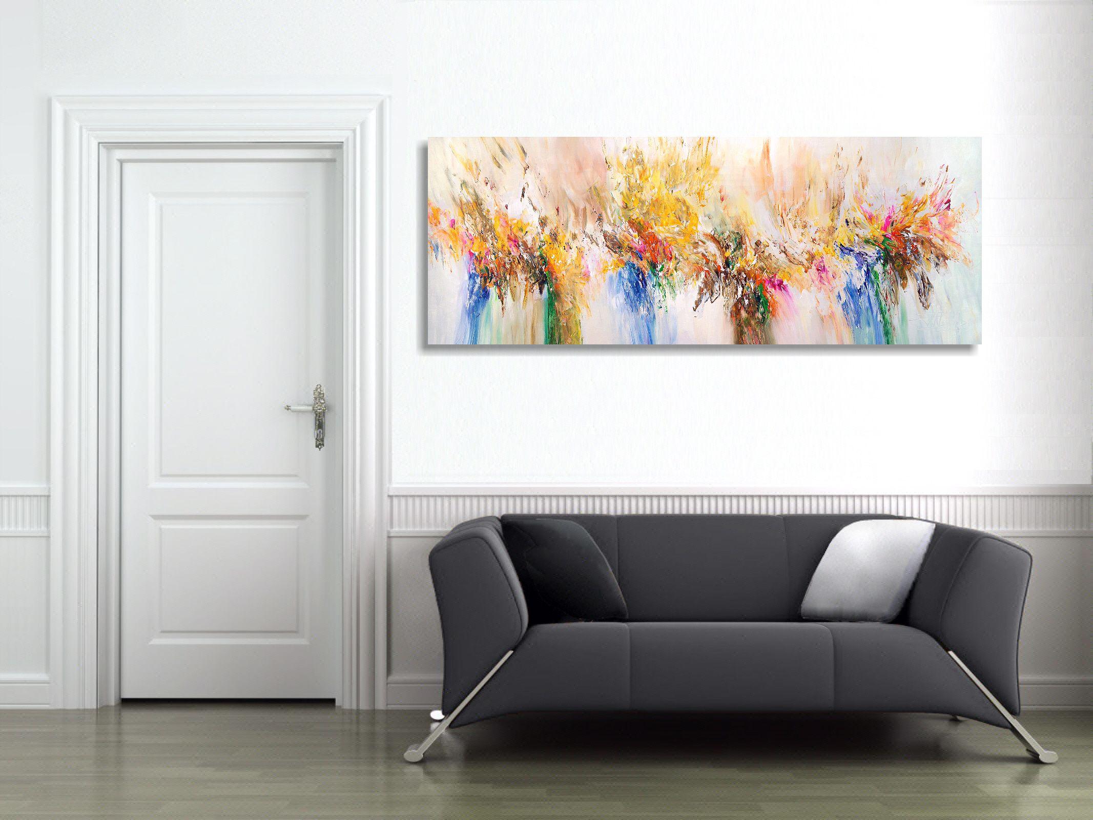 Abstract painting with a positive aura. The friendly and pleasant color composition has a loose structure and is predominantly in light shades such as yellow, white, beige and orange, complemented by magenta, green, blue, violet, brown and pink. ::