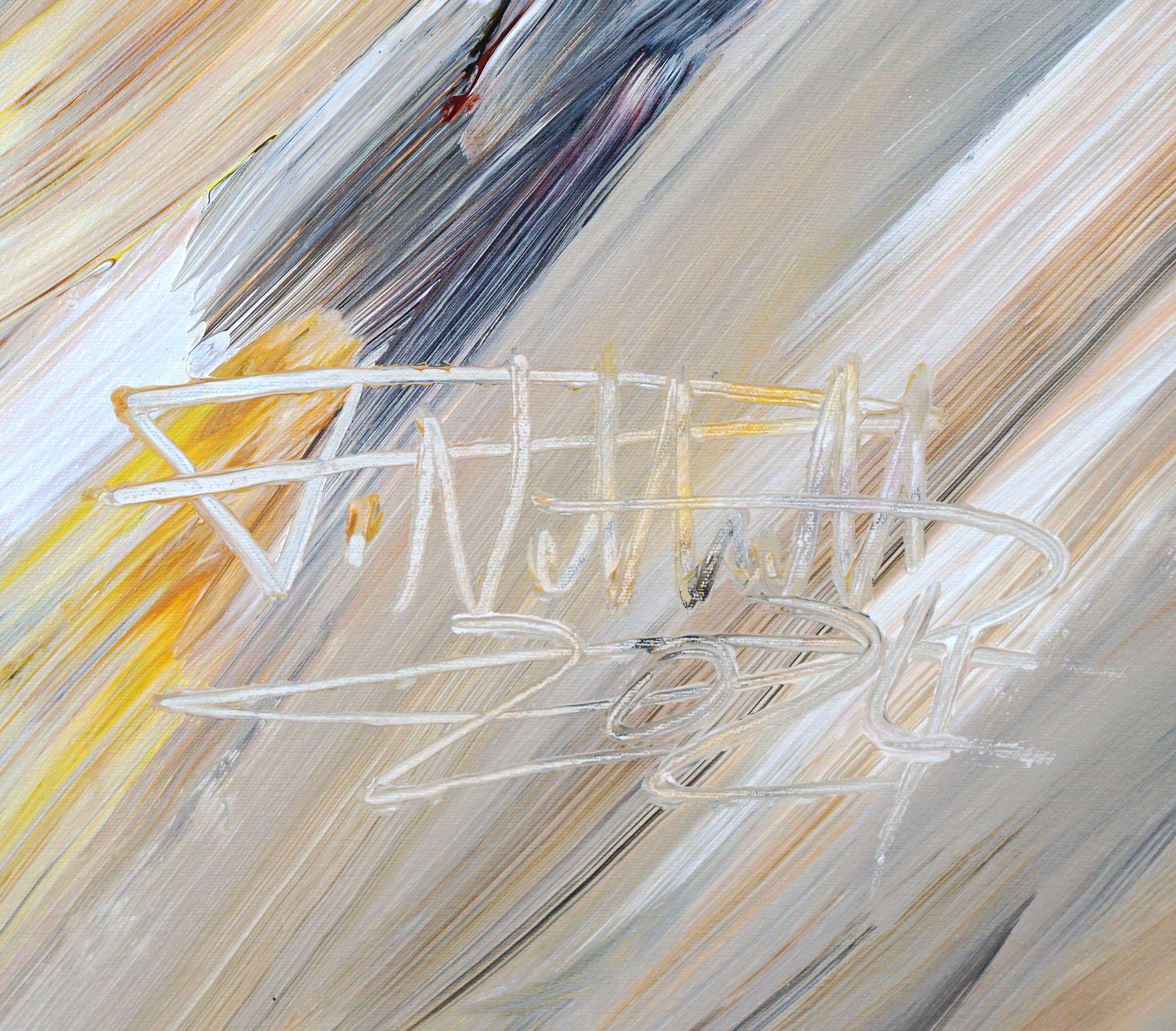  Los tonos amarillo soleado, blanco, siena y beige claro, junto con los fuertes tonos negros y marrones, forman un arco de tensión y crean el carácter vivo del cuadro abstracto con su centro casi simétrico. Se inspira en la infinita variedad de