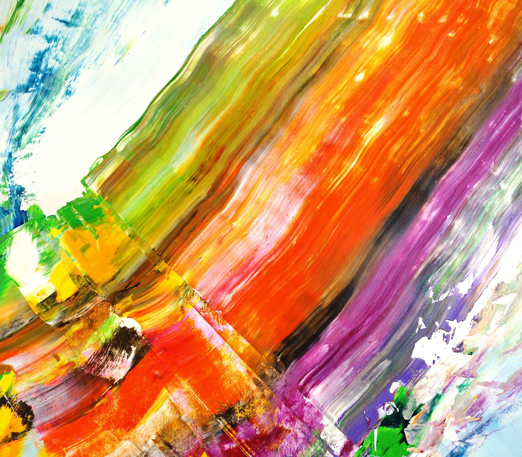 Une peinture colorée qui a été principalement créée avec une technique de spatule dynamique. Il est riche de détails. Deux pistes multicolores courent en forme de V sur un fond clair, presque blanc.  : : Peinture : : Expressionnisme abstrait : :