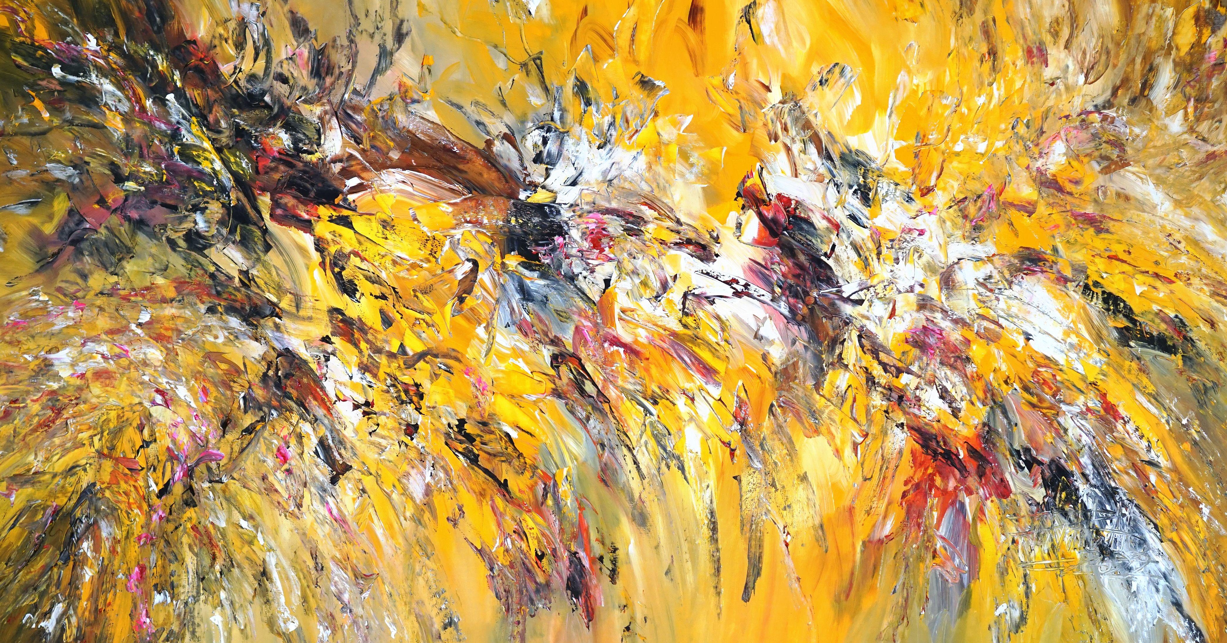 The abstract painting is primarily characterized by yellow tones, complemented by red, pink, orange, white, black, brown and beige tones. The colors seem to playfully interact with each other due to the painting technique, the composition is rich in