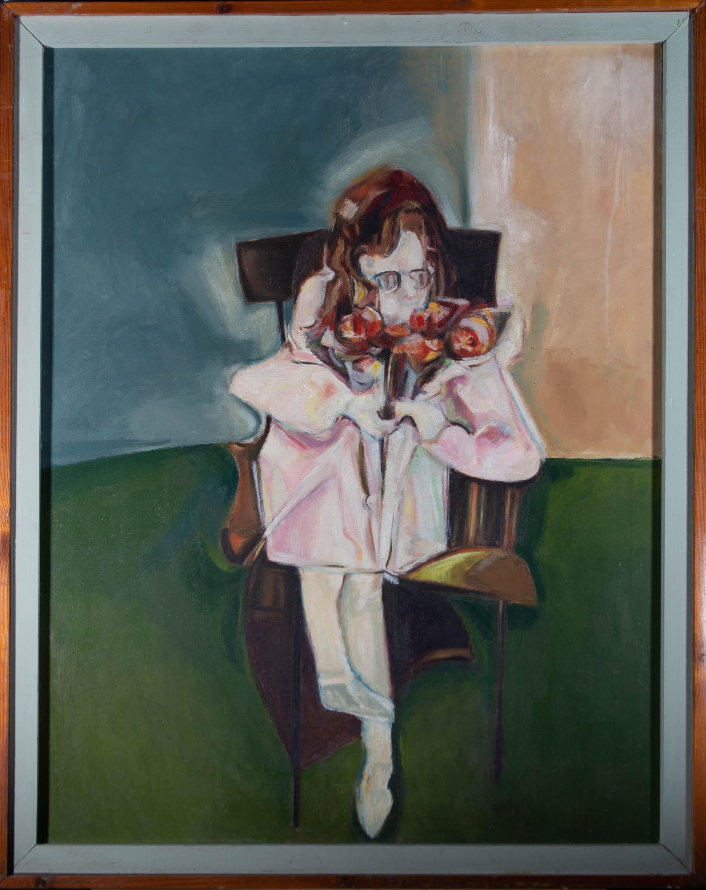 An eye catching contemporary oil on board showing a semi abstracted scene of a child holding a bunch of flowers, sitting on a chair in a green room. The artist takes clear inspiration from Francis Bacon and adds his own, more cheerful subject