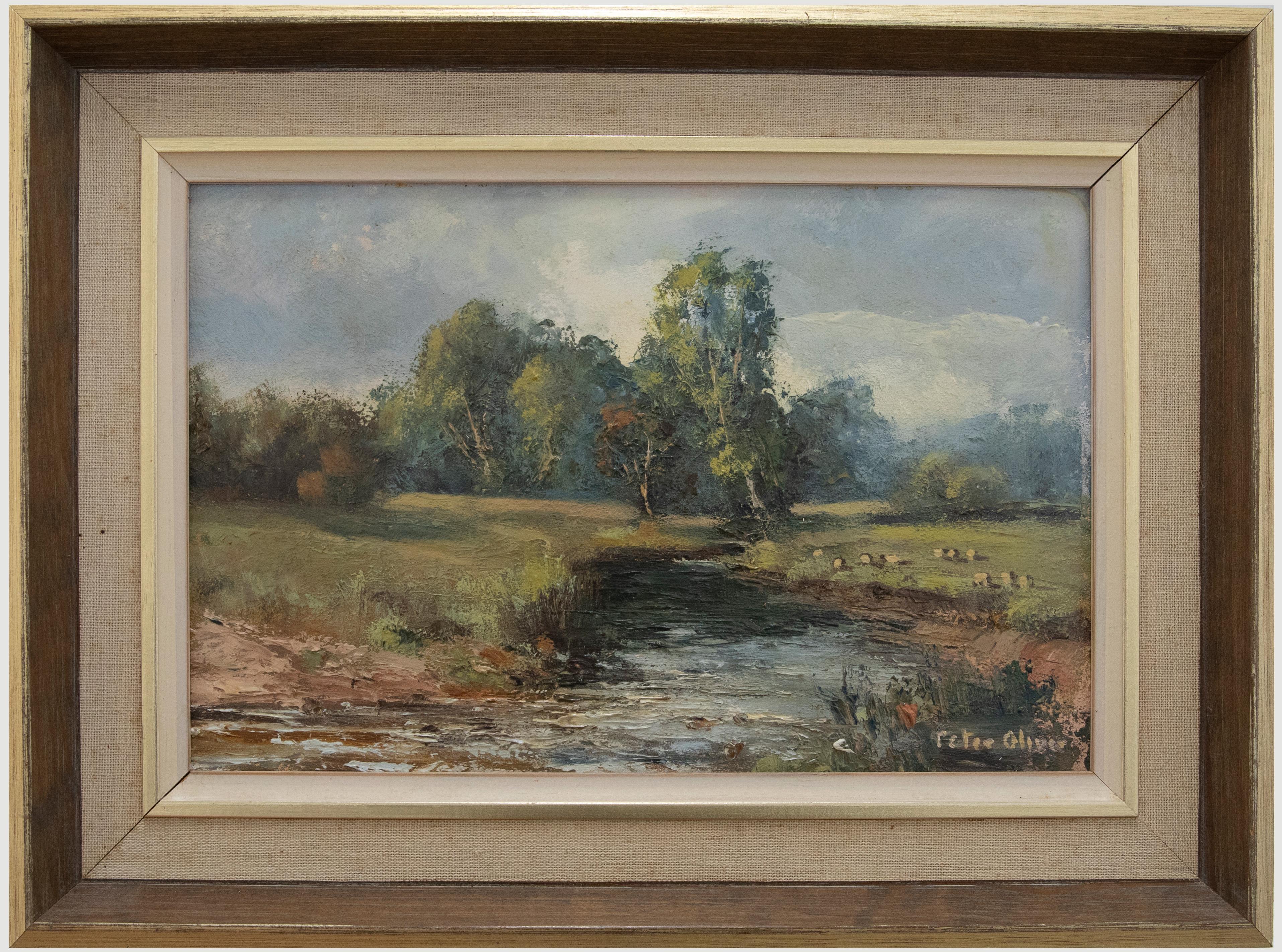 A charming landscape view of the river otter flowing through a Devon landscape. Sheep graze in nearby fields and the summer sun reflects from the water. Signed to the lower right. Presented in wooden frame with a cotton slip. On board.