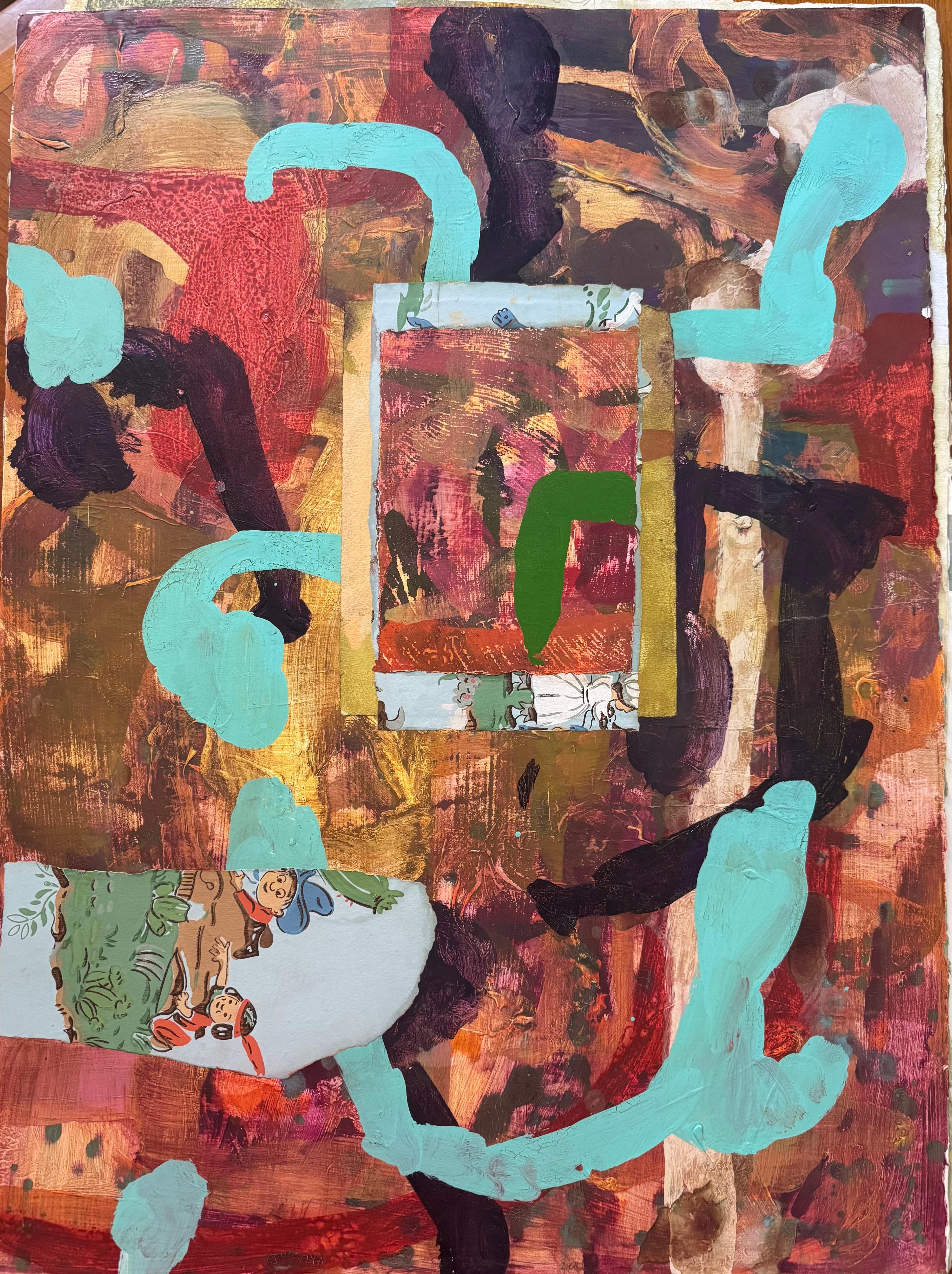 Peter Opheim Abstract Painting - "Mr. and Mrs.", Collage with Vintage Wallpaper, Abstract Mixed Media, 2000s