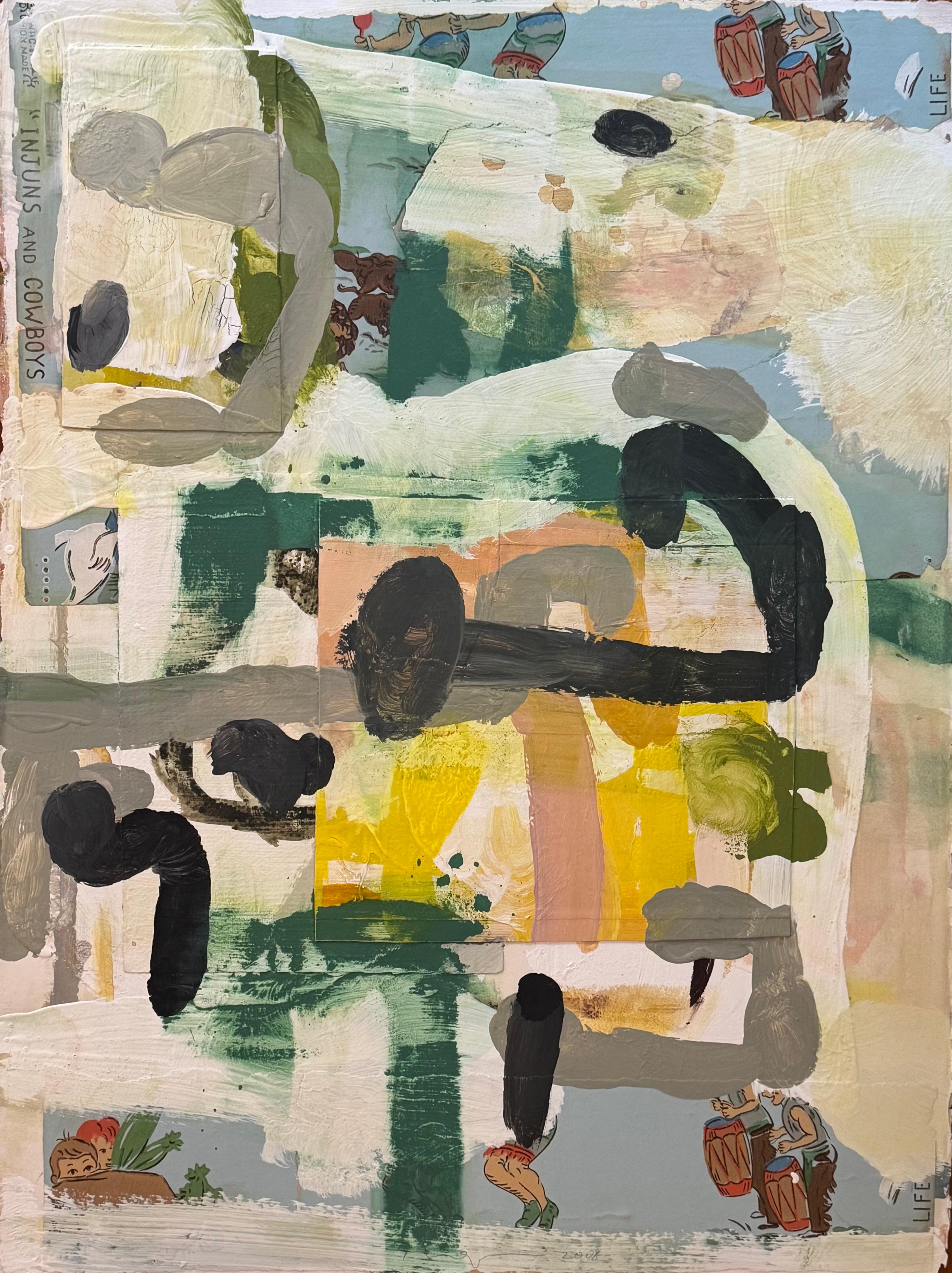 Sans titre 3 : collage avec du papier peint vintage, technique mixte abstraite, années 2000
