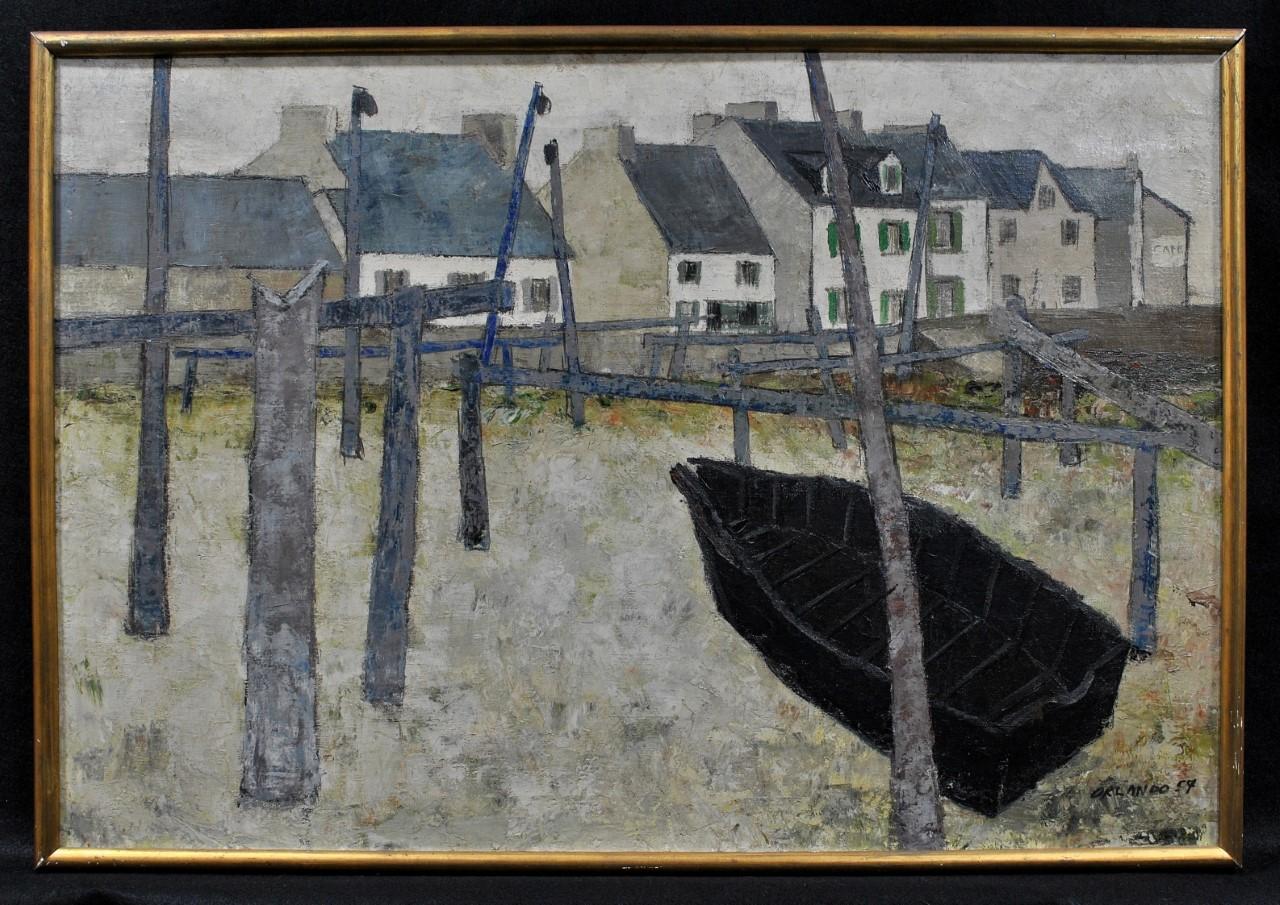 Houses by the Coast - Mid 20th Century French Modernist Paris Naif Painting 1